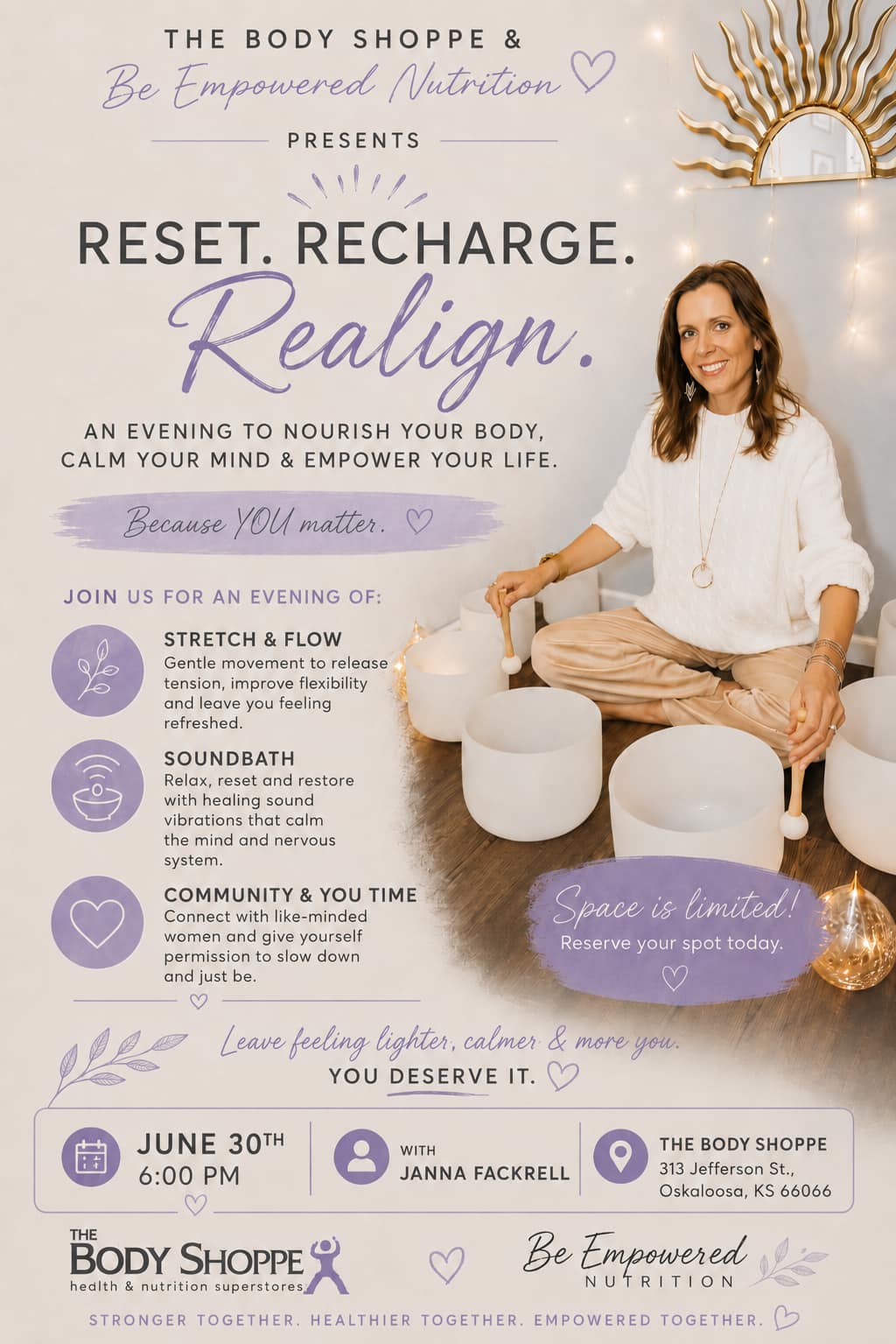 ✨ Reset. Recharge. Realign. ✨
Join us June 30 for an evening of gentle movement, sound healing, and connection. Because YOU matter. 💜
#SoundBath #GentleFlow #SelfCare
Tix here ⬇️
https://the-bodyshoppe.myshopify.com/products/sound-bath-yoga