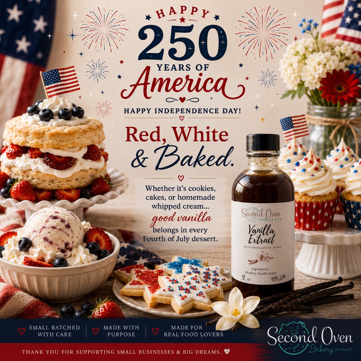 Celebrating 250 years of America and the traditions that make home feel a little sweeter. 🇺🇸
From family recipes passed down for generations to fresh baked desserts shared around the table… quality ingredients make all the difference.
Here’s to good memories, great baking, and really good vanilla. ✨
#HappyBirthdayAmerica #America250 #FourthOfJulyBaking #MadeFromScratch