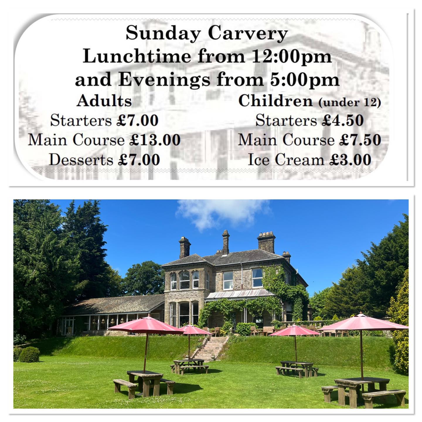 Carvery Wednesdays. - 2 Mains for £17
Thursday - 2 mains for £20
Sunday Carvery - Afternoon from 12pm and Evening from 5pm
01900 824400