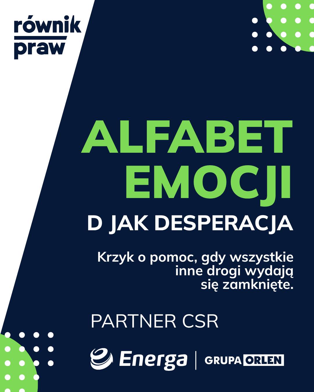 W pracy naszej Fundacji desperacja ma bardzo konkretną twarz. To twarz osoby, która odbiła się od kolejnych drzwi, której zabrakło środków na leczenie lub której bariery architektoniczne odebrały wolność.
Dziś w naszym cyklu „Alfabet Emocji i uczuć” przyszedł czas na literę D jak Desperacja.
Chociaż z podręcznikowego punktu widzenia to jedna z najtrudniejszych, „ciemnych” emocji, w naszej Fundacji traktujemy nasz Alfabet szerzej. Chcemy opowiadać o całym krajobrazie naszych przeżyć - o tym, co czujemy w środku, co zarządza naszym lękiem czy bezsilnością i co ostatecznie zmusza nas do szukania ratunku.
Czym dla nas jest desperacja?
Sygnałem alarmowym. To moment, w którym Twój organizm krzyczy, że sytuacja, w której się znajduje, jest nieludzka lub niesprawiedliwa.
Punktem zwrotnym. To właśnie desperacja często daje nam tę ostateczną iskrę, by po raz pierwszy realnie poprosić o wsparcie i pozwolić sobie pomóc.
Dowodem na wolę życia. Desperacja rodzi się z głębokiej potrzeby godności. Gdyby Ci nie zależało, nie czułbyś/czułabyś rozpaczy.
Pamiętajmy, że desperacja najsilniej karmi się samotnością.
Dlatego w naszej Fundacji tworzymy przestrzeń, w której nie musisz być „dzielnym podopiecznym”. Tu możesz przynieść swój ból i poczucie beznadziei. Jesteśmy tu, by wspólnie z Tobą zamienić ten krzyk w konkretne działanie.
Czy czułeś/aś kiedyś, że desperacja przejmuje nad Tobą kontrolę? Czy udało Ci się wtedy znaleźć kogoś, kto po prostu przy Tobie był? Porozmawiajmy o tym w komentarzach - bez oceniania, z pełnym zrozumieniem.
Oferujemy bezpłatne konsultacje psychologiczne online dzięki zaangażowaniu Partnera #CSR @EnergaSA z Grupy ORLEN.
#alfabetemocji #desperacja #wykluczenie #fundacja #wsparcie #zdrowiepsychiczne #kryzys #pomoc #wsparciepsychologicznerównikpraw #Energa #EnergaSA #EnergaWłącza