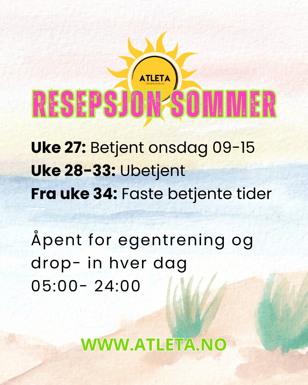 I sommer vil det bli noen endringer for betjent resepsjon og telefon fra og med uke 27 til og med uke 33, men vi vil være delvis tilgjengelige på Atletas messenger hvis du skulle ha en henvendelse som haster. Med forbehold om varierende svartid på grunn av ferieavvikling disse ukene.
☀️Kjøp av 1 måned sommertrening (449,-) er mulig frem til 01. august. 3 måneder sommertrening (990,-) kan kjøpes frem til 30. juni. Sommertreningen gjelder fra den datoen du betaler og i antall måneder du kjøper.
☀️Ønsker du å kjøpe bare en uke om gangen, gjelder prisen for ukes drop- in på 330,- pr uke.
☀️Har du ikke et personlig adgangskort fra før, så slipper du å kjøpe det i tillegg. Da kan du i stedet bruke QR- kode for å komme deg inn. OBS! For å kunne bruke QR- kode eller ditt personlige adgangskort til å sjekke inn, MÅ betalingen være utført og registrert via nettsiden vår www.atleta.no (IKKE betal direkte til Vipps). Når betalingen din er registrert via nettsiden vår vil du motta en bekreftelse på kjøpet ditt på sms/ epost.
☀️ Gå inn på www.atleta.no og trykk deg inn på «Sommertilbud». Følg instruksjonene der for betaling 😊
☀️Informasjonen om bruk av QR- kode står på en plakat i yttergangen vår. QR- koden befinner seg nederst på plakaten👍
☀️ Vi har åpent for egentrening og drop- in hver dag mellom kl 05:00- 24:00 hele året!
☀️ Vi minner om at våre aldersgrenser, medlemsvilkår, trivselsregler og renholdsanbefalinger også gjelder ved trening hos oss i sommer. Les dette på vår nettside www.atleta.no.
☀️ Atleta er videoovervåket til enhver tid. Sniking, stjeling, hærverk og uaktsomhet kommer på film.
☀️Vi vil også i år tilby noen gruppetimer gjennom hele sommeren, og sommergjester er også velkommen til å delta! 😊 Timeplanen kan variere fra uke til uke, og for oppdatert oversikt over hvilke gruppetimer som går, ber vi deg sjekke «Booking» på nettsiden vår www.atleta.no.
📌 Husk bookingreglene:
• Booking åpner kl. 09:00 tre dager før timen
• Det må være minst 3 påmeldte senest 2 timer før start for at timen skal gjennomføres
• Avbestilling må skje senest 2 timer før timestart
Med ønske om en riktig god sommer fra oss på Atleta! 🌟
