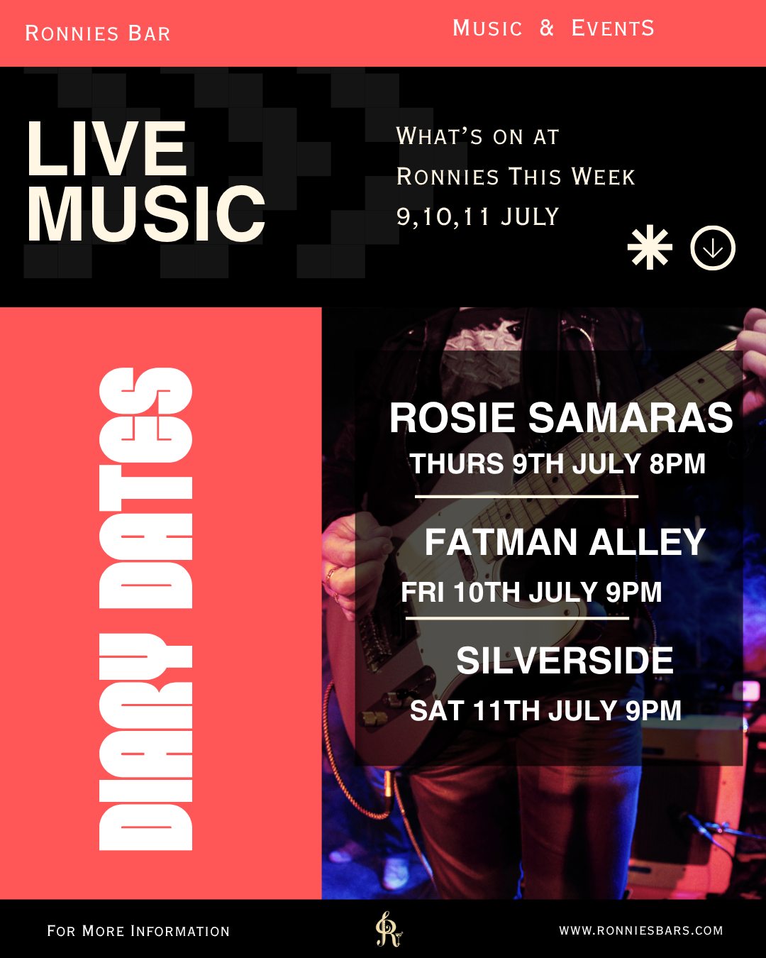 Free live music. Great atmosphere. Unforgettable nights. 🎶
Everyone loves great music, and at Ronnie's we're proud to bring you incredible live bands and fantastic nights out!
Gather your friends, grab a drink, hit the dance floor and join us this week for another brilliant line-up of live music.
Come along to Ronnie's this week and party the night away!