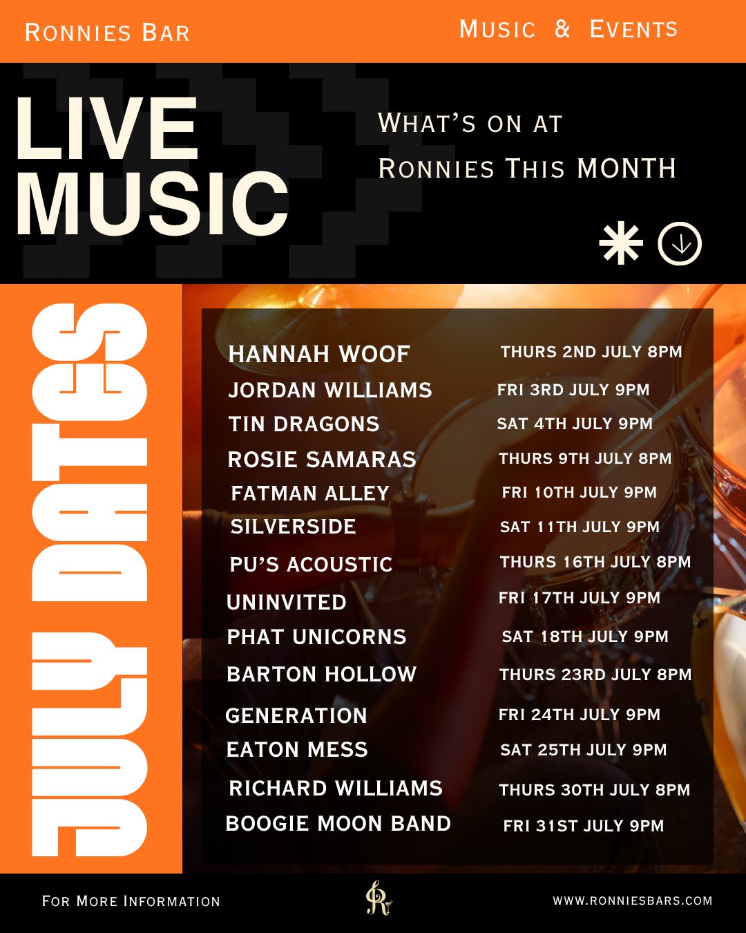 When it comes to live music in Warwick - we've got you covered! July sees no less than 14 music events lined up and ready to party. Get the dates in your diaries and we'll see you very soon!