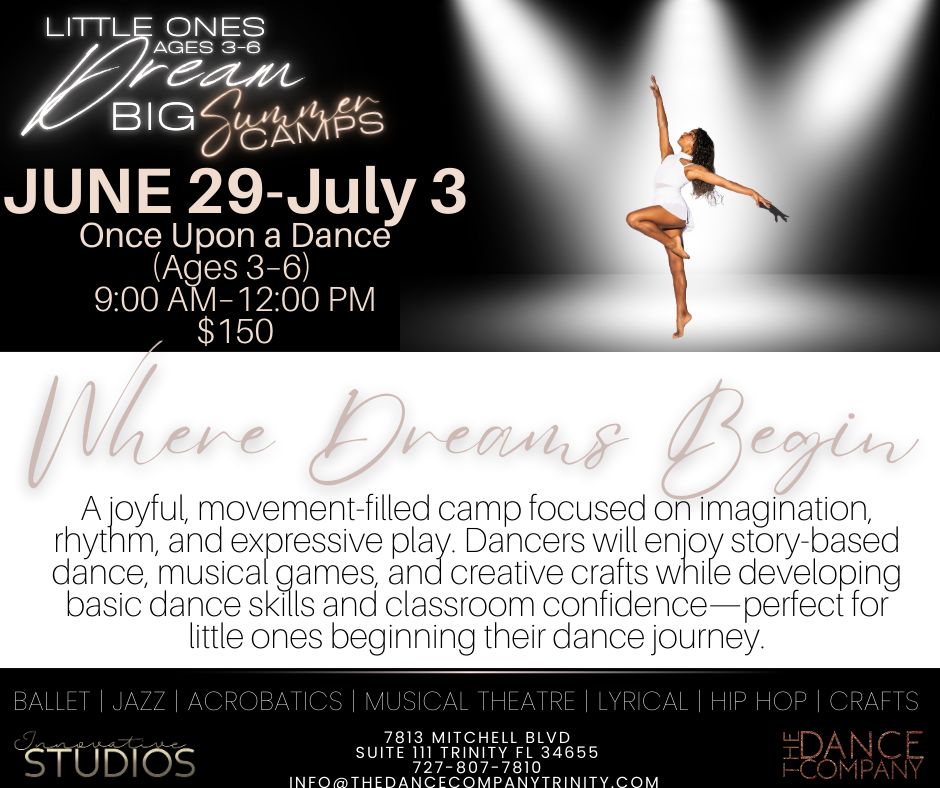 🌟 Where Dreams Begin... 🌟
📍 Ages 3–6
📅 This Week
✨ Beginner Friendly
Our Little Ones Summer Camp is almost here, and we can't wait to welcome our youngest dancers for a magical week of movement, music, imagination, and fun!
Designed especially for ages 3–6, this camp is the perfect introduction to dance through creative play, storytelling, crafts, music, and beginner dance classes—all in a nurturing, encouraging environment.
Each day your little one will:
🩰 Dance and explore new movement
🎨 Create fun crafts
🎵 Sing, play, and imagine
💖 Build confidence and independence
👯 Make new friends and lasting memories
Whether it's their very first camp or they're returning for another summer adventure, this week is all about discovering the joy of dance while having the best time together.
Give your child a summer filled with imagination, creativity, and confidence—we'd love to dance with them!
#TheDanceCompanyTrinity #LittleOnes #PreschoolDance #SummerCamp #TrinityFL #KidsActivities #DanceClass #CreativeMovement #EarlyChildhood #GrowingThroughDance