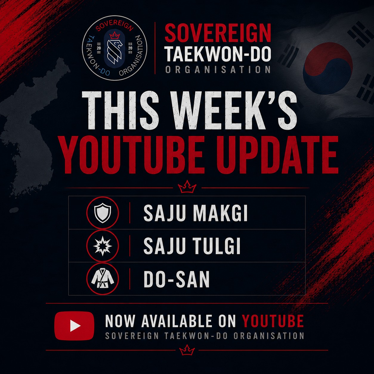 🥋 This Week's YouTube Update! 🥋
We've added three more videos to the Sovereign Taekwon-Do Organisation YouTube channel:
✅ Saju Makgi
✅ Saju Tulgi
✅ Do-San
These videos have been performed by Sovereign Taekwon-Do instructors and students to support our members with their training and revision between classes.
Please remember these videos are intended as a memory aid for students who are already learning these patterns and exercises with an instructor. They are not intended to replace face-to-face tuition, and, like any demonstration, they may not be perfect.
We ask that any feedback or comments remain respectful and constructive. Our focus is on providing a helpful resource for our students and the wider Taekwon-Do community.
🎥 Watch the full playlist here:
https://www.youtube.com/@sovereigntkd
Thank you to everyone who has volunteered their time to help build this growing library of Taekwon-Do resources. More patterns, sparring drills, and fundamental movements will be added over the coming weeks.
🥋 Discipline Today. Success Tomorrow.
#SovereignTaekwonDo #TaekwonDo #ITF #DoSan #SajuMakgi #SajuTulgi #MartialArts #TKD