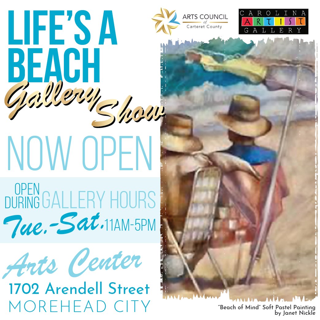 π’ Going on now! Don't miss our current Gallery Show, "Life's A Beach," showcasing artist's scenes from the beach, ocean, marshes, rivers, boats, marine life. and much more on or in the water πποΈπ€
What: "Life's a Beach" Gallery Show
When: Through Saturday, August 1
Show Open: During Gallery Hours (Tue-Sat 11am-5pm)
More Info: ArtsCouncilCarteret.org/shows
We look forward to seeing you!
#artscouncil #artistcall #artopportunities #carteretcountyarts #crystalcoast #artshow #galleryshow