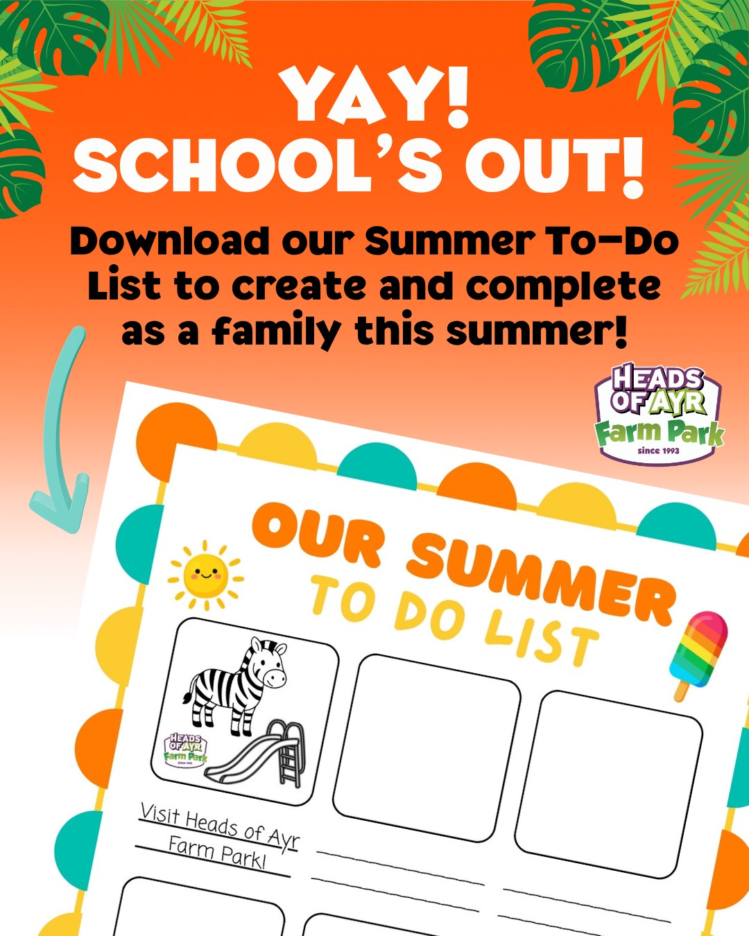 SCHOOL'S OUT! π
Well done to all the excited children, tired teachers, frazzled parents, amazing school support staff, and everyone in between who has made it to the end of another school year! π
To kick off the summer, we've made you a free downloadable Summer To-Do list that your kids can create, colour, and complete during the summer holidays! π
You can download it here: https://shorturl.at/BFTIQ
We've included a visit to the farm park as an example - but remember to make use of any free child return vouchers or Great British Summer Savings Scheme offers this summer holidays! ππ°
We cannot wait to spend the summer with you! We're open 7 days a week from 10am - 5pm with last admission at 4pm. See you soon! ππ¦ππ¦