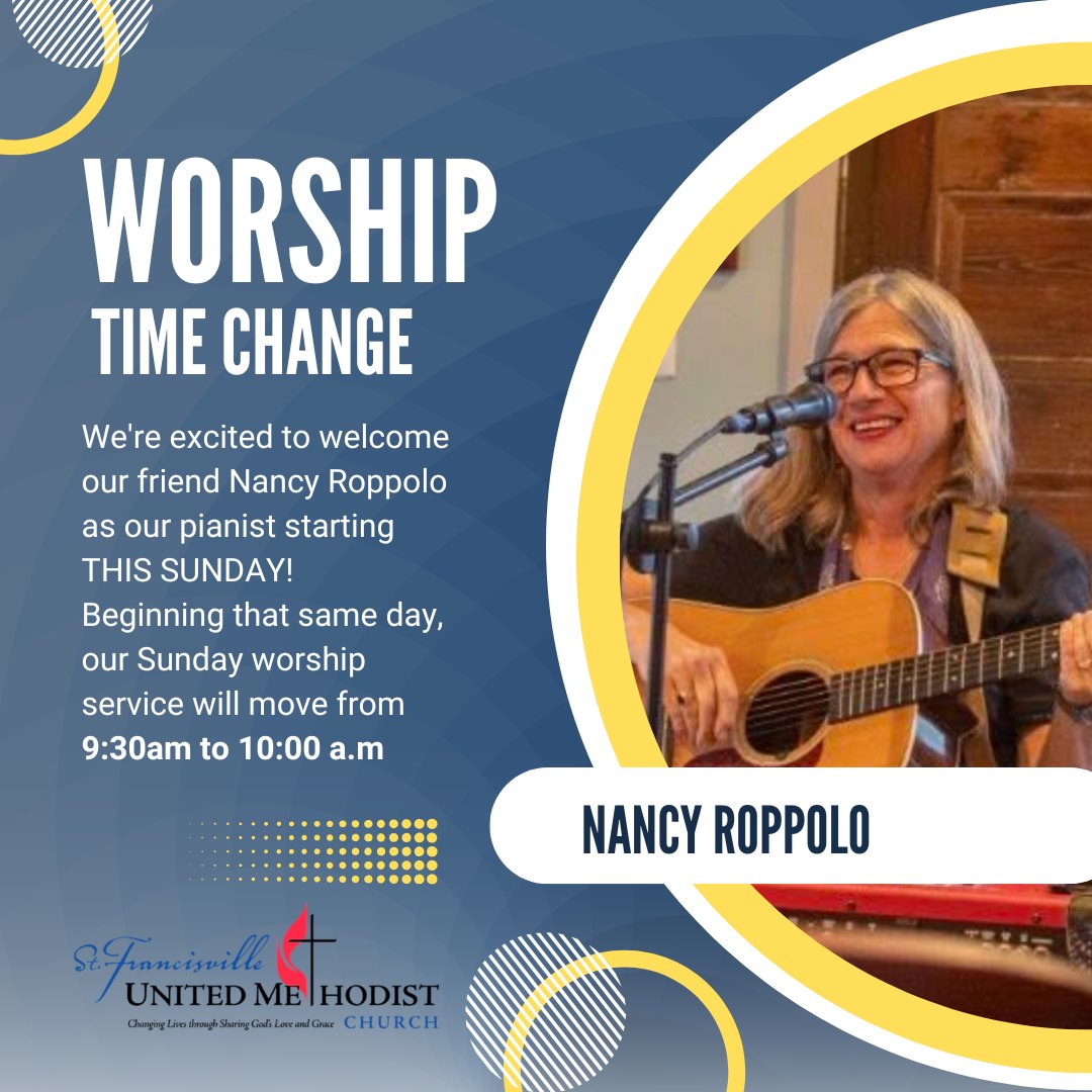 It's early in the week, but it is not too soon to start thinking about Sunday! And we are so excited about this Sunday and welcoming our friend Nancy to lead us in worship. But don't forget this means we will have a new worship start time of 10:00am. We can't wait to worship with you!