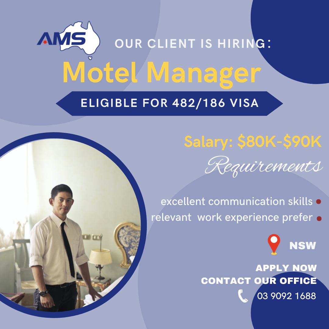 🏨 Looking for an employer-sponsored job in Australia?
Our client is currently hiring a Motel Manager in NSW!
✅ Salary: $80,000–$90,000
✅ Eligible for 482 & 186 Visa Sponsorship
✅ Previous hospitality management experience preferred
✅ Strong communication skills required
Finding a job is one thing. Finding an employer willing to sponsor you is another.
At AMS, we help you prepare for sponsorship through our Sponsorship Readiness Program, including:
✔ Visa strategy & pathway planning
✔ CV optimisation
✔ Interview preparation
✔ Employer matching support
✔ Ongoing migration guidance
We don't just help you apply.
We help you become sponsorship ready.
📩 Send us a DM or contact us today to find out if you're eligible.
#AustraliaMigration #australiamigration #australiaimmigration #australiaimmigrationconsultant #482visa #482visaaustralia #186Visa #186visa #sponsorship