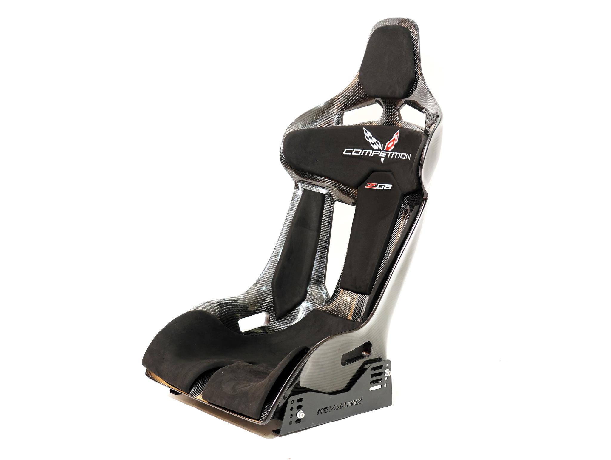 KevMannz full carbon fiber seats GT-Max including Corvette C7 (Z06) plug&play rails and slider kit, with black Alcantara padding and logo stitching.