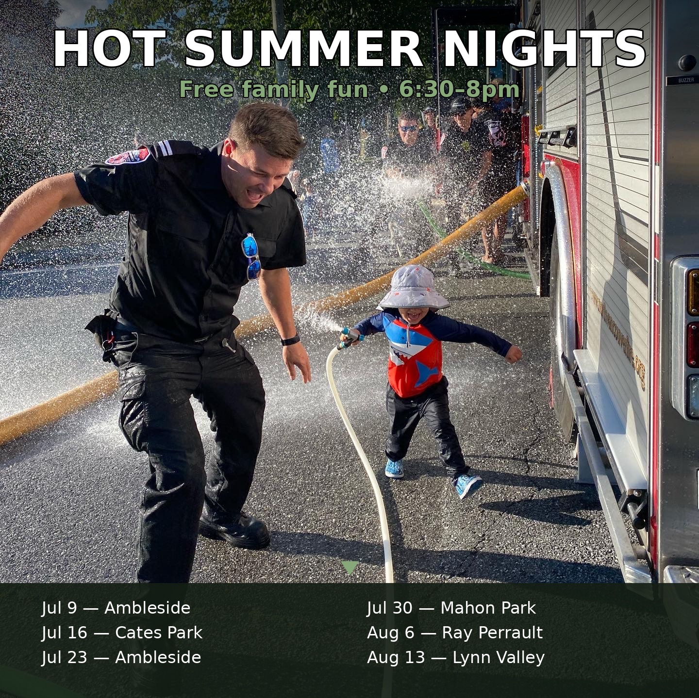Mark your calendars — Hot Summer Nights is back! 🚒💦
Every Thursday this summer, the local Fire Department sets up at a North Shore park for a free family cool-down: truck tours, fire safety info, activities, and giveaways for the kids.
📍 Jul 9 – Ambleside Park
📍 Jul 16 – Cates Park
📍 Jul 23 – Ambleside Park
📍 Jul 30 – Mahon Park
📍 Aug 6 – Ray Perrault Park
📍 Aug 13 – Lynn Valley Park
6:30–8pm, free, weather permitting. Supported by @dnvfire, @westvanfirerescue, and @nvcfire, in partnership with @nvandistrict, @cityofnorthvancouver, and @westvandistrict.
💾 Save this — you'll want the dates handy all summer.
#nskidsbc #northshorekids #northvancouver #westvancouver #northshorebc #northshorefamilies #firesafety #summerfun #freekidsevents
