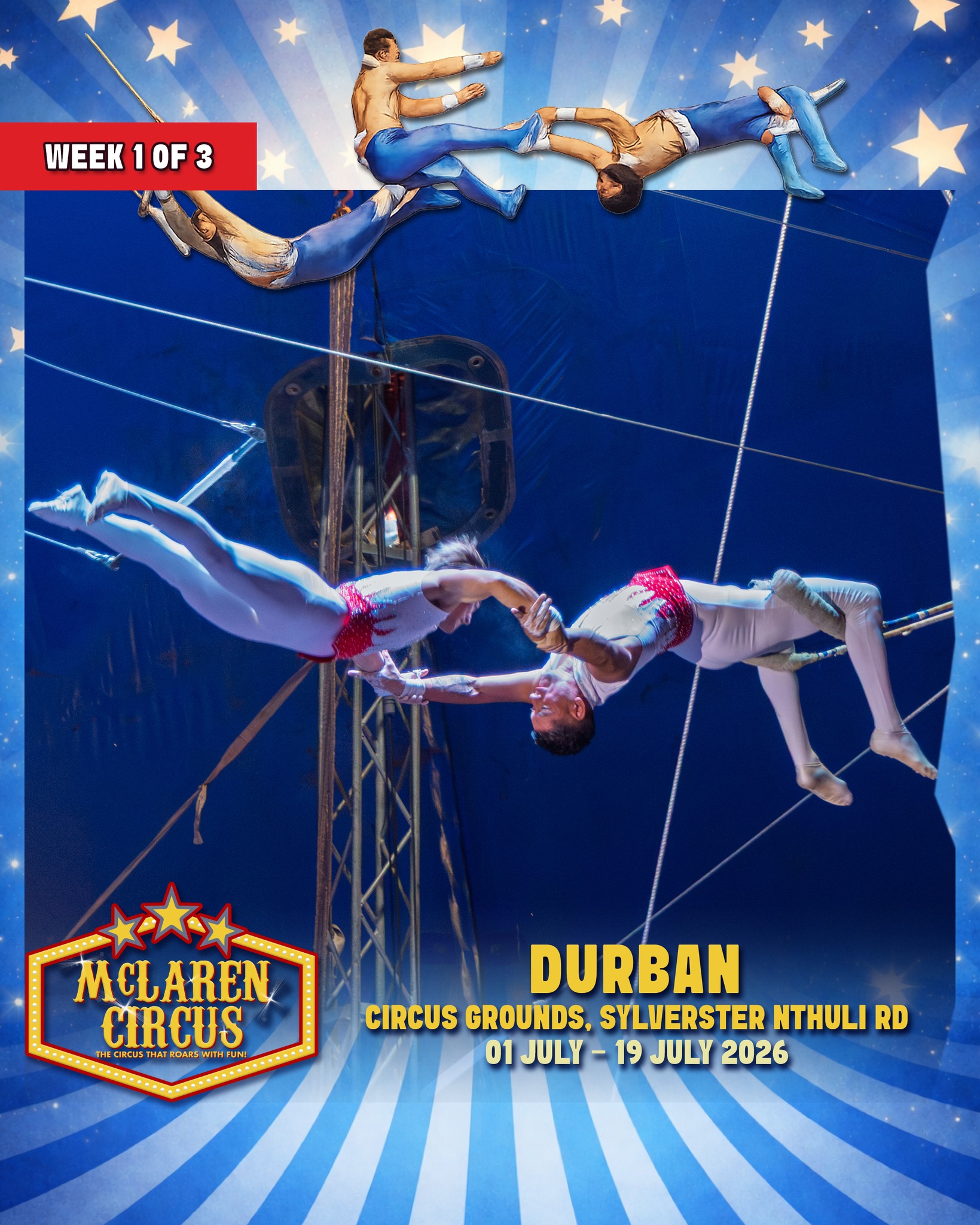 🎪✨ Bringing #Durban a bring new, exciting 2026 performance!!!
Experience an unforgettable International Circus Spectacular, packed with thrilling action, breathtaking performances, and timeless circus magic for the whole family.
🗓️ SHOW TIMES:
• Tue, 30 June 2026 @ CANCELLED DUE TO PROTEST ACTION
• Wed, 01 July 2026 @ 3 PM & (ADDED) 7 PM (50% OFF - use code "50DUR26" | Online sales only | First 20 claimers)
• Thu, 02 July 2026 @ *3 PM & 7 PM* (All seats R165 | Unreserved seating | Cash Only at Ticket Office | Sales on the day only)
• Fri, 03 July 2026 @ 3 PM & 7 PM
• Sat, 04 July 2026 @ 2 PM & 5 PM
• Sun, 05 July 2026 @ 2 PM & 5 PM
🎟️ Ticket Prices:
Back Chairs R175 | Side Chairs R195 | Raised Chairs R225 | Silver Ringside R250 | Gold Ringside R295
🎪 Ticket Office opens daily at 12 PM on show days
www.mclarencircus.co.za | WHATSAPP: http://wa.me/message/BGE2GJWJ5DLDC1