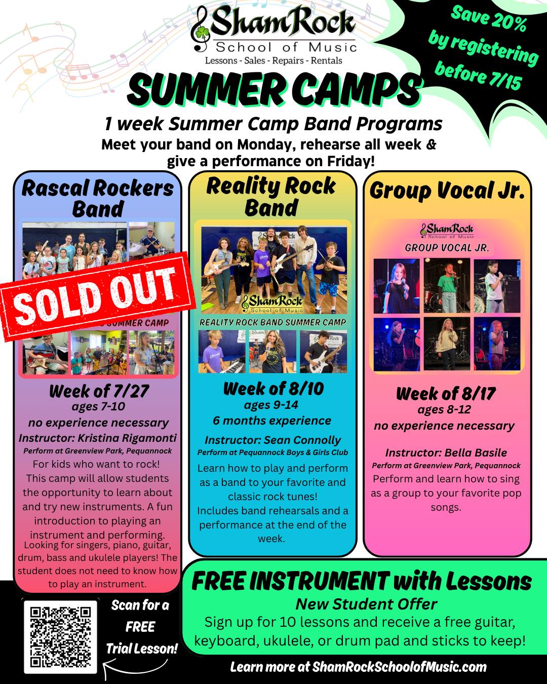 Our summer camp sale has been extended to 7/15! One camp is already sold out! Don’t hesitate to claim your spot in our bands! ☘️🤘🏻🎶