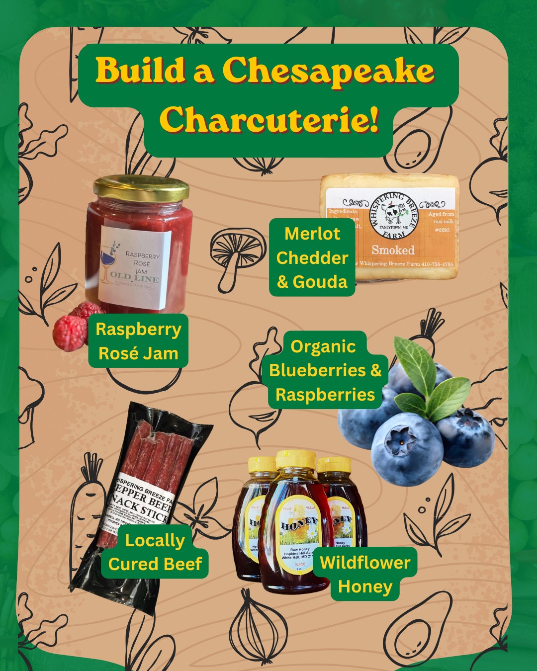 Impress your friends and family by building a charcuterie board with treats from Maryland farms, for a cost much lower than buying a premade charcuterie board from the grocery store. Check out these products from some of our farmers to help customize your next board:
Raspberry Rosé Jam from @oldlineprovisions
Peach & Blueberry Jam from @ladybrookbc
Local Beef from @whisperingbreezefarm & @northacresfarm
Merlot Chedder & Gouda Cheeses from @whisperingbreezefarm
Wildflower Honey from Hopkins Hill Acres
Organic Blueberries from @calvertsgiftfarm
#CharcuterieInspiration #MarylandCharcuterie #BaltimoreEats #BuyLocalBaltimore #MarylandMade #ChesapeakeRegion #FarmToTable #LocalFood #SupportLocalFarms