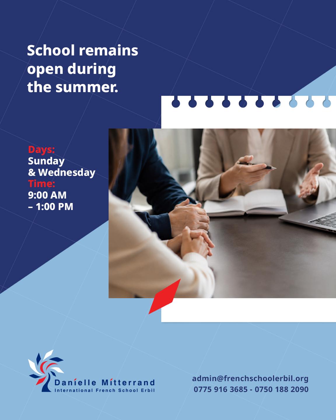 Our school remains open throughout the summer every Sunday & Wednesday from 9:00 AM to 1:00 PM.
-
Notre école reste ouverte tout l'été, tous les dimanches et mercredis de 9h00 à 13h00.
-
تفتح أبواب المدرسة طوال فصل الصيف كل يوم أحد وأربعاء من الساعة 9:00 صباحاً حتى الساعة 1:00 ظهراً.
-
قوتابخانەکەمان بە درێژایی هاوین کراوە دەبێت، هەموو رۆژانی یەکشەممان و چوارشەممان لە کاتژمێر ٩:٠٠ بەیانی وە تاوەکو کاتژمێر ١:٠٠ی پاشنیوەڕۆ.
Enrollment for the 2026–2027 academic year is now open
For more information, contact us on: 0775 916 3685 - 0750 188 2090
#GlobalEducation #InternationalEducation #DMI