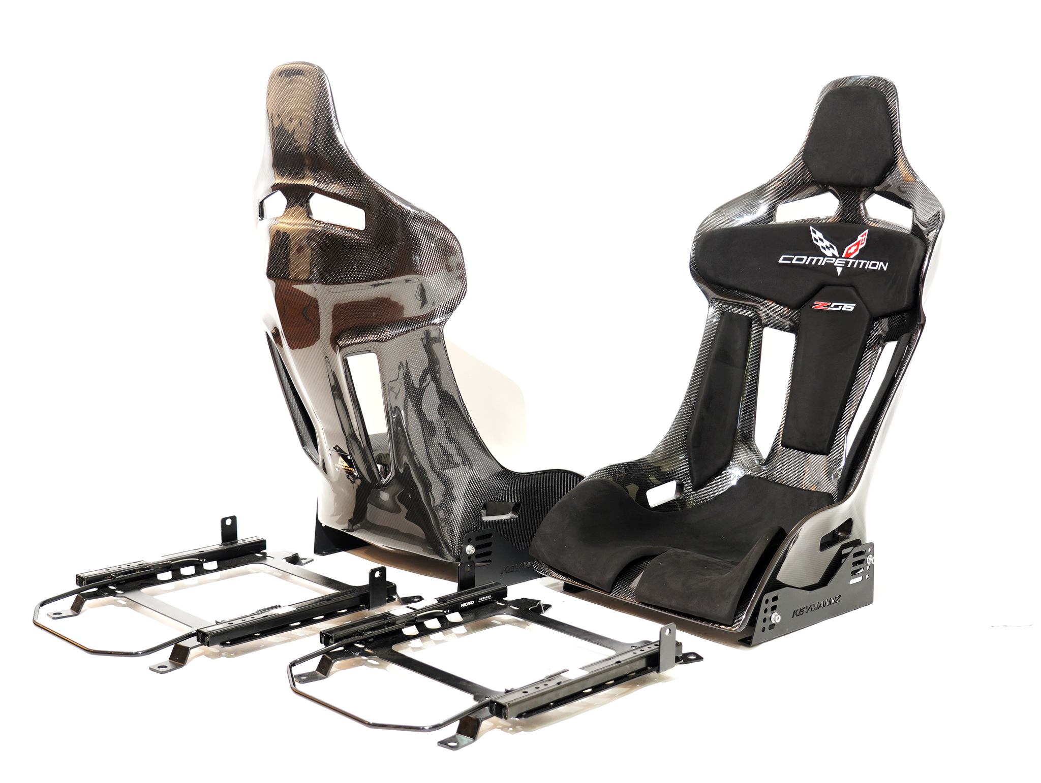 KevMannz full carbon fiber seats GT-Max including Corvette C7 (Z06) plug&play rails and slider kit, with black Alcantara padding and logo stitching.