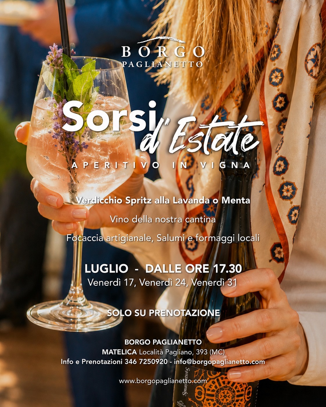 SORSI D’ESTATE - 🍷 Aperitivo in vigna 🌄
✨ Un calice tra i filari, il tramonto che accende la vigna e il gusto autentico delle cose fatte con calma. Vivi l’estate da Cantina Borgo Paglianetto. 🍇
📍 Cantina Borgo Paglianetto
🕡 Dalle ore 17.30
📅 TUTTE LE DATE DI LUGLIO 2026:
venerdì 17, venerdì 24, venerdì 31
🌅 Dalle 17.30 lasciati cullare dalla slow life:
🥂 I vini della nostra cantina o Spritz di Verdicchio alla lavanda e alla menta
🧀 Salumi e formaggi nostrani (opzione vegetariana SOLO SU RICHIESTA alla prenotazione)
🍞 Focaccia artigianale
🌿 Il silenzio della vigna, il cielo che cambia colore
📲 SOLO su prenotazione! I posti sono limitati.
📞 Chiama il numero 3467250920
💬 Scrivi su WhatsApp
📧 Oppure manda una mail a info@borgopaglianetto.com
🍷✨ Sunset happy hours are back! 🌄
✨ A glass among the vineyards, sunset colors in the sky and the authentic taste of Italian slow life. Experience summer at Borgo Paglianetto Winery. 🍇
📍 Borgo Paglianetto Winery
🕡 From 5.30 PM
📅 ALL JULY 2026 APPOINTMENTS:
Friday 17, Friday 24, Friday 31
🌅 From 5.30 pm, let yourself be lulled by the slow life:
🥂 Wines from our cellar
🧀 Local cured meats and cheeses (vegetarian option on request)
🍞 Artisanal focaccia
🌿 The silence of the vineyard, the sky changing colors
📲 Book now! Limited spots.
📞 Call +39 3467250920
💬 Write on WhatsApp
📧 Or send an email to info@borgopaglianetto.com
#verdicchiodimatelica #borgopaglianetto #vinoitaliano #organic #matelica #madeinitaly #winelovers