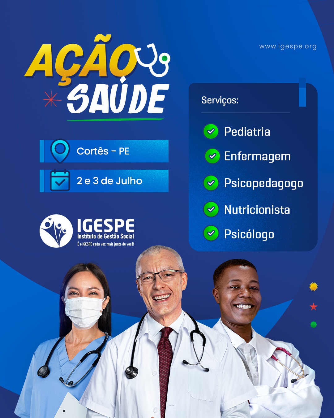 📢 Ação Saúde em Cortês/PE!
Nos dias 02 e 03 de julho, a cidade de Cortês receberá uma Ação Saúde com atendimentos voltados ao cuidado, acolhimento e bem-estar da população.
Serão ofertados serviços nas áreas de Nutrição, Psicopedagogia, Enfermagem, Pediatria e Psicologia.
Uma iniciativa importante para ampliar o acesso à saúde e fortalecer o cuidado com a comunidade.
📍 Cortês – Pernambuco
📅 Dias 02 e 03 de julho
Cuidar da saúde é cuidar da vida!