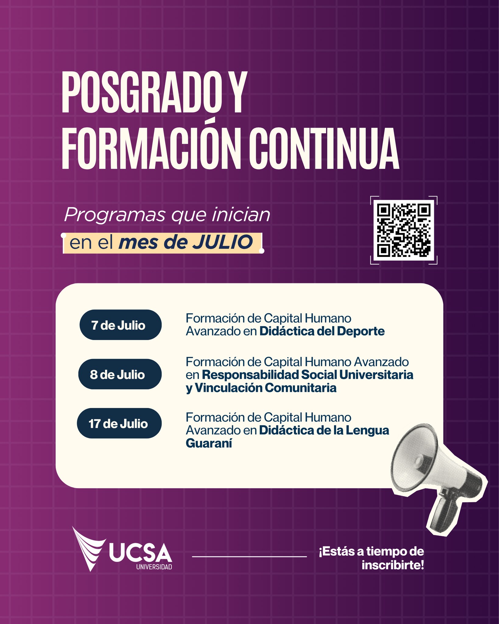 🎓 Posgrado y Formación Continua
Programas que inician en JULIO 👇
📅 Martes 7 de Julio
Formación de Capital Humano Avanzado en Didáctica del deporte
📅 Miércoles 8 de Julio
Formación de Capital Humano Avanzado en Responsabilidad Social Universitaria y Vinculación Comunitaria
📅 Viernes 17 de Julio
Formación de Capital Humano Avanzado en Didáctica de la Lengua Guaraní
Impulsá tu desarrollo profesional en la UCSA
¡Aún estás a tiempo de inscribirte!
Más info en el link de nuestra BIO!
👉 https://linktr.ee/ucsa
#UCSA El futuro está en tus manos 🙌
