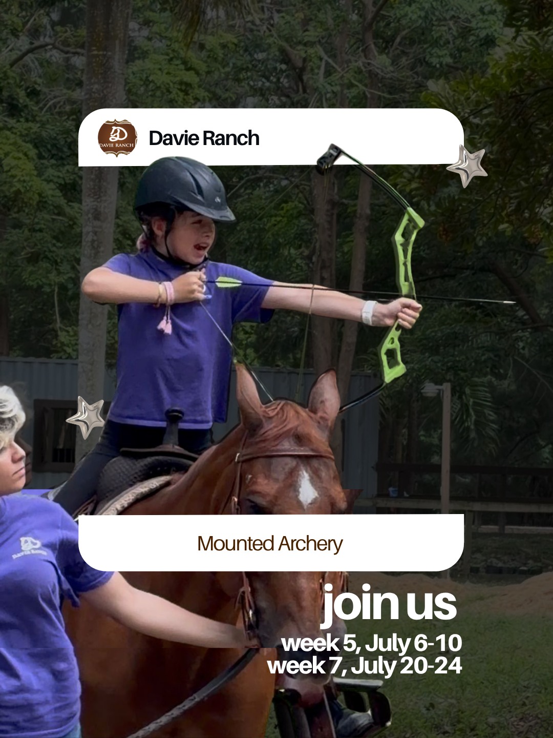 If you missed Mounted Archery last week, you still have TWO additional weeks to join us! (๐ค๐ฐ๐ฎ๐ฎ๐ฆ๐ฏ๐ต ๐พ๐ผ๐๐ ๐ข๐ฏ๐ฅ ๐ธ๐ฆ'๐ญ๐ญ ๐๐ ๐บ๐ฐ๐ถ ๐ญ๐ช๐ฏ๐ฌ ๐ต๐ฐ ๐ณ๐ฆ๐จ๐ช๐ด๐ต๐ฆ๐ณ)
โจ Available ONLY during Weeks 5 (July 6-10) & 7 (July 20-24)
โจ Exclusively for Riding Camp & Level Up Camp
โจ A unique opportunity not offered every week
This is the kind of once-in-a-summer experience that campers will be talking about long after camp ends.
If your child loves horses, adventure, and trying something truly extraordinary, these are the weeks you wonโt want to miss.
๐น Limited spots available.
๐ด Register early to secure your preferred week.
Comment ๐พ๐ผ๐๐ and weโll send you the registration link.
#daviefl #summercamp
Summer horseback riding camp in Davie, Florida featuring mounted archery, horseback riding lessons, outdoor adventures, and unforgettable experiences for kids and teens.