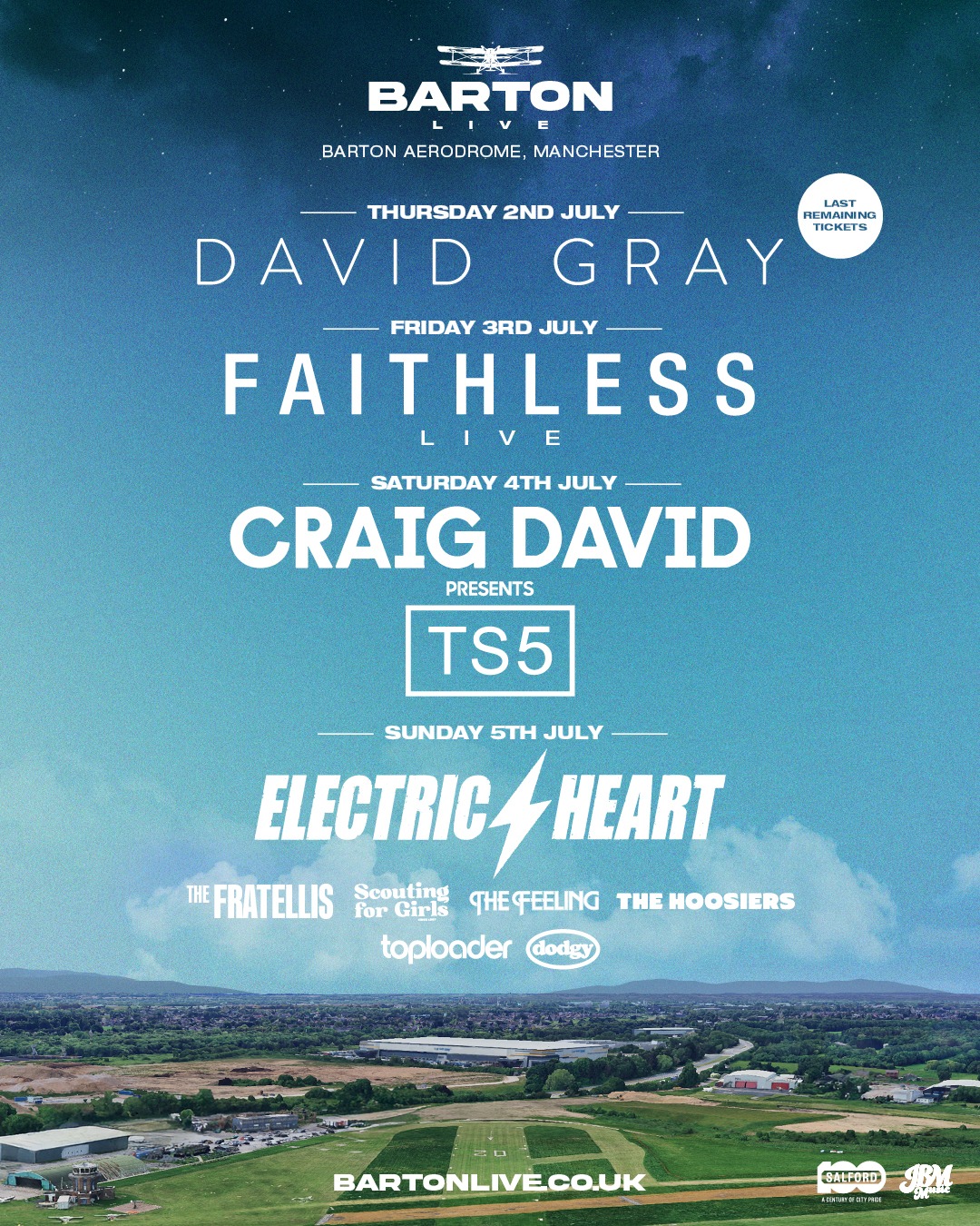 IT'S BARTON LIVE WEEK! ๐จ
This week, Barton LIVE takes over Barton Aerodrome with four incredible outdoor shows from Thursday to Sunday.
๐
Thursday 2nd July
David Gray + Newton Faulkner
๐ซ Just 50 tickets remaining
๐
Friday 3rd July
Faithless LIVE
๐ซ Under 100 tickets remaining
๐
Saturday 4th July
Craig David Presents: TS5
๐ซ Under 100 tickets remaining
๐
Sunday 5th July
Electric Heart featuring The Fratellis, Scouting For Girls, The Feeling, The Hoosiers, Toploader & Dodgy
๐ซ Just 50 tickets remaining
Four huge shows. Four days of live music. One unforgettable week at Barton Aerodrome.
With tickets now running extremely low across every event, this is your final chance to be there.
Secure your tickets now ๐ https://bartonlive.co.uk/