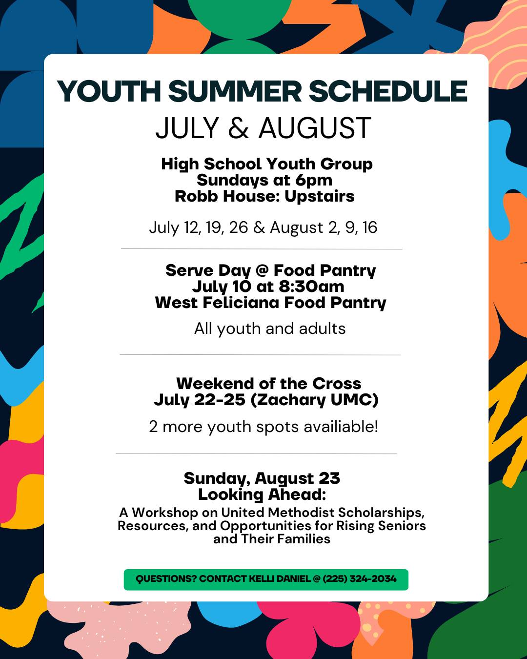 Check out our updated Youth Summer schedule. Our High School youth has resumed meeting on Sunday evenings in their NEW space, all are welcome to join!
We are also excited about our next serve day at the West Feliciana Food Pantry on July 10th and Weekend of the Cross for which we still have 2 youth spots available - please let us know if you are interested. And finally, incoming high school seniors, it's time to mark your calendars for our “Looking Ahead” workshop on August 23.