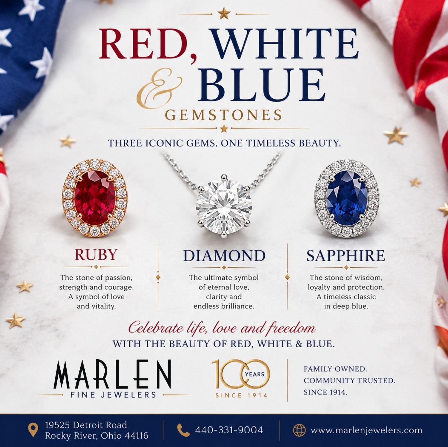 Three iconic gemstones. Three timeless symbols of beauty.
β€οΈ Ruby
The stone of passion, courage, and strength.
π€ Diamond
The ultimate symbol of love, clarity, and enduring brilliance.
π Sapphire
Representing wisdom, loyalty, and protection for generations.
Together, these remarkable gemstones create a stunning combination that is both patriotic and timeless. Whether featured in rings, necklaces, bracelets, earrings, or custom-designed pieces, ruby, diamond, and sapphire continue to captivate jewelry lovers around the world.
As we celebrate the spirit of America this week, we're reminded that some things never go out of styleβbeauty, craftsmanship, tradition, and the moments we cherish most.
Which gemstone is your favorite: Ruby β€οΈ, Diamond π€, or Sapphire π?
π 19525 Detroit Road
Rocky River, Ohio 44116
π 440-331-9004
π www.marlenjewelers.com
For over 100 years, Marlen Jewelers has been helping families celebrate life's most meaningful milestones with exceptional jewelry, expert craftsmanship, and personalized service.
#MarlenJewelers #Ruby #Diamond #Sapphire #RedWhiteAndBlue #FineJewelry #LuxuryJewelry #GemstoneEducation #JewelryLovers #RockyRiverOhio #ClevelandJeweler #FamilyOwned #Since1914