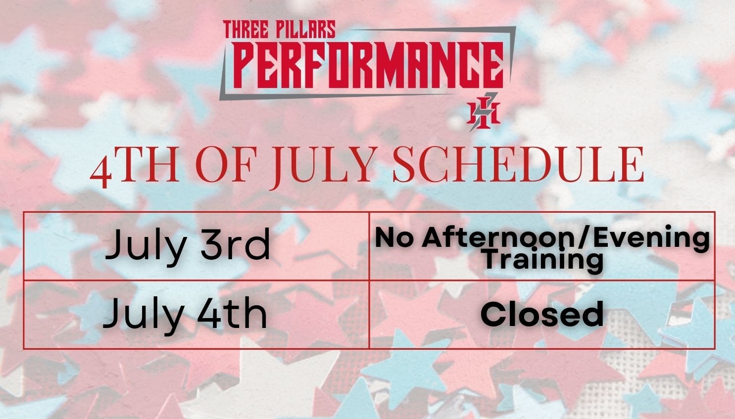 Happy 4th of July! 🇺🇸 Here's our schedule for the holiday weekend. July 3rd: No afternoon/evening training. July 4th: Closed. Enjoy time with family and friends celebrating our independence. We'll be back and ready to train on July 6th!