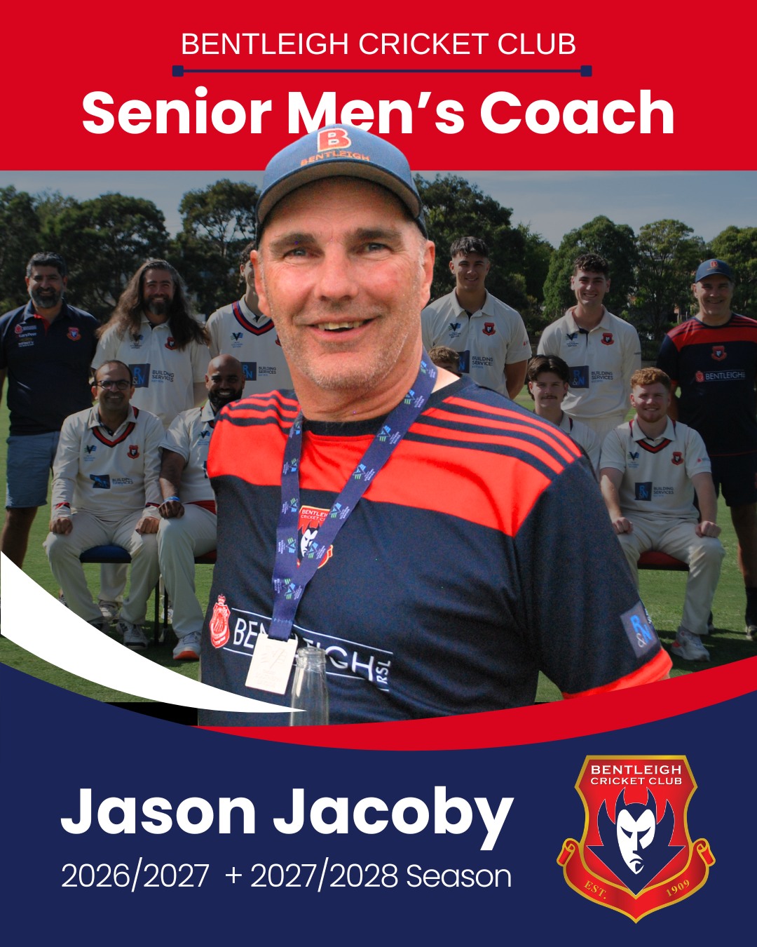 Jason Jacoby – Senior Men’s Coach
Resigning 2026/27 and 2027/28
We’re excited to confirm Jason Jacoby will continue as Bentleigh Cricket Club Senior Men’s Coach for the 2026/27 and 2027/28 seasons.
Built on a People-First approach, strong values, commitment and club culture the past two seasons have laid a powerful foundation for us to build on.
After a record breaking three premierships in 2025/26, we’re ready for our next challenges across all five men’s teams in Season 2026/27. This includes a return to Championship Division for our 1st XI.
With Jacko at the helm, we cannot wait to hear more tales about Demon and Polar Bear… Where else would you rather be?
We cannot wait for this journey to continue – welcome back Jacko and Belinda!
❤️💙