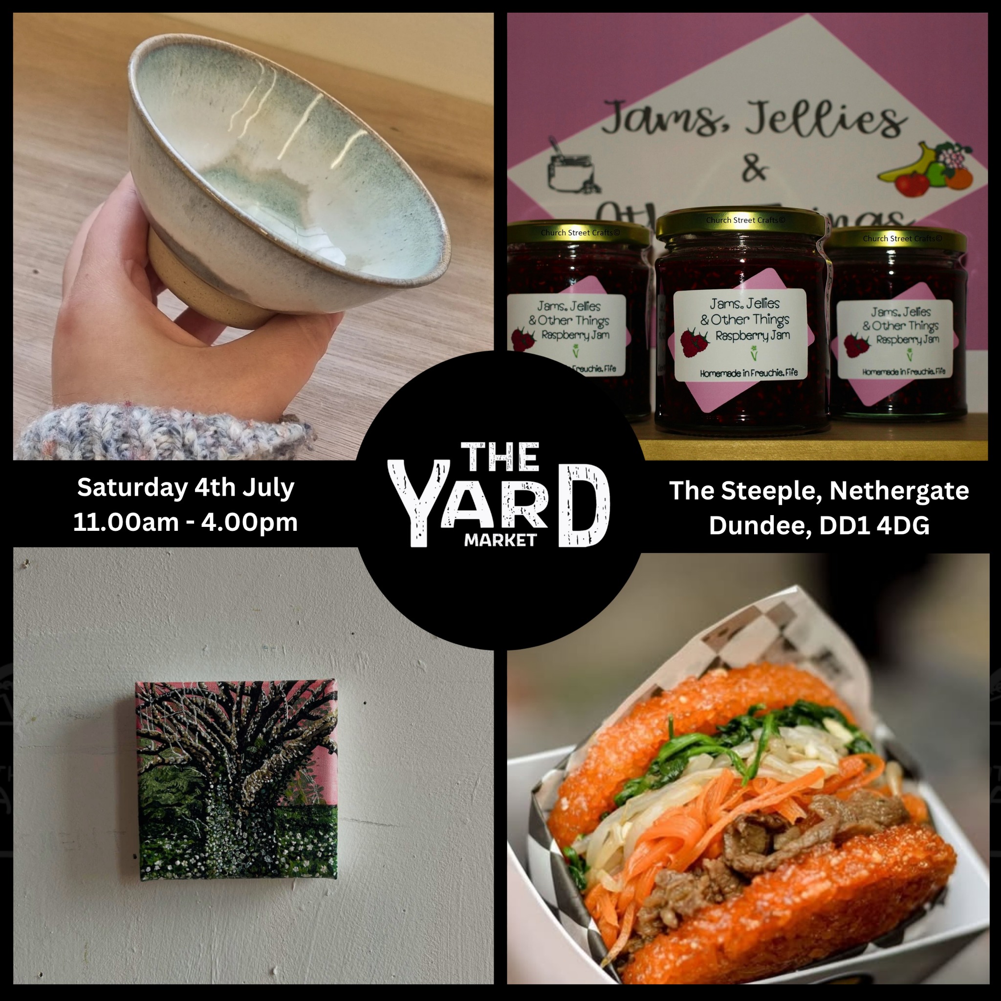 It's Yard Market Day at The Steeple, Dundee this Saturday!
This is your chance to meet in person, our hand curated line up of artisans and makers. You can hear from the people behind the incredible work. Plus you get a proper feel good buzz from supporting local. Doing Good and Feeling Good. 🥰
Enjoy delicious, award-winning Japanese Korean Street Food from Smoked Tamago (@smoked_tamago) outside and Marwick's Vegan Kitchen (@marwicksvegankitchen) in the cafe!
Bring your pals, and everyone you know to The Steeple, Nethergate, Dundee, DD1 4DG from 11am - 4pm on Saturday.
See you there!
#TheYardMarket #DundeeMarkets #Dundee #ThingsToDo #CraftMarket #Art #Crafts #Handmade #StreetFood #Korean #Japanese #Gifts #Wool #Ceramics #Jam #Cakes #Bags #Knits #VeganOptions