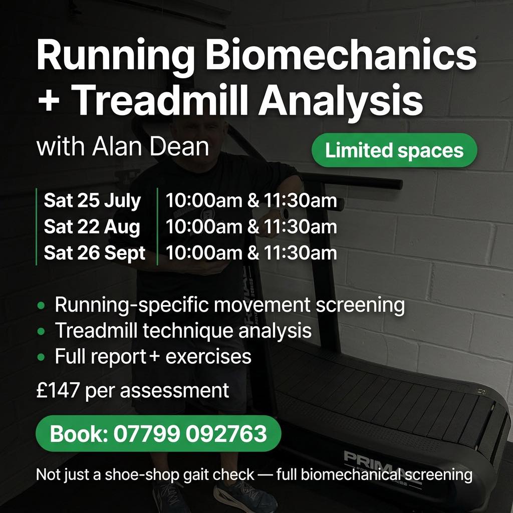 🏃🏻♂️ Running Biomechanics + Treadmill Analysis with Alan Dean (Limited Spaces) 🏃🏼♀️
Want to run faster, improve your technique, or stop those recurring niggles?
Alan Dean is coming in to deliver Running Biomechanical Screening + Treadmill Analysis sessions on selected Saturdays.
What you’ll get
✅ Physical screening assessment specific to running (movement patterns linked to technique, performance + injury risk)
✅ Treadmill running analysis
✅ Full written report including:
➡️Your screening results
➡️ Technique feedback
➡️Recommended exercises/drills (if needed) to improve performance + reduce injury risk
This is ideal for:
✅ Beginners wanting to start running properly
✅ Regular runners chasing speed/efficiency improvements
✅ Anyone dealing with recurring injuries who wants longevity in their running
👟 Why this is different to a “run shop gait analysis”
This isn’t just someone watching your feet to sell trainers. This is a full biomechanical screening—you’ll be amazed how your movement patterns affect pace, efficiency and injury risk.
Alan’s credentials
🟢MSc Strength & Conditioning Science
🟢Level 3 Athletics Coach (England Athletics)
🟢Performance coach focused on maximising performance
📆 Dates & times (2 appointments per date)
➡️Saturday 25th July – 10:00am / 11:30am
➡️Saturday 22nd August – 10:00am / 11:30am
➡️Saturday 26th September – 10:00am / 11:30am
💰Price
£147 for the full biomechanical screening package
Very limited spaces (only 2 slots per date)
📱To book
Message/call Alan: 07799 092763