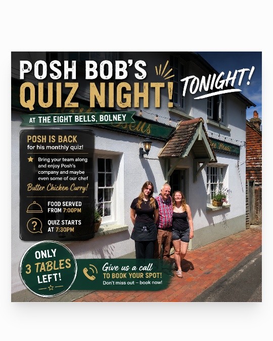 And in other news... we've got a great evening lined up at The Eight Bells! 🎉
🧠 Posh Bob is back tonight for his monthly quiz, so grab your team and put those brain cells to the test! 🤓
🍛 While you're quizzing away, our chef's delicious Butter Chicken will be on the menu - the perfect fuel for those all-important answers!
⚽ And if football is more your thing, we'll also be showing Spain 🇪🇸 v Portugal 🇵🇹 on the decking, with kick-off at 8pm.
🍔 Our £10 Football Menu will be available from 6pm–8.45pm (decking only), so you can enjoy great food while watching all the action.
Whether you're here to quiz, cheer, or simply enjoy a great evening with friends, we've got you covered!
📍 The Eight Bells, Bolney
