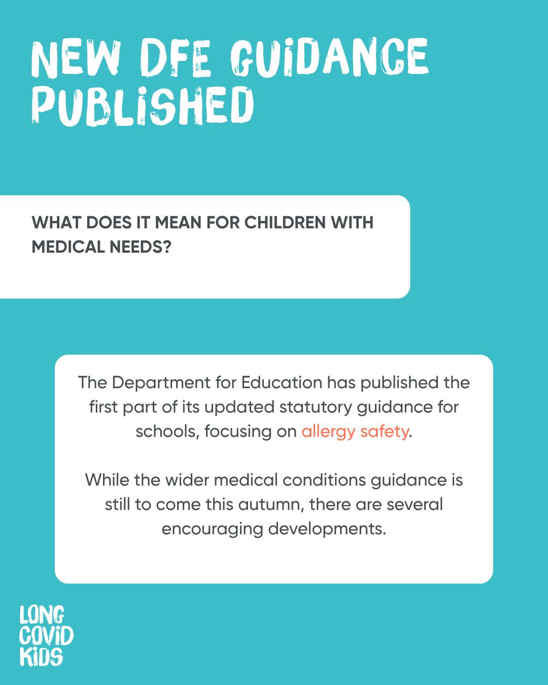 This week the @educationgovuk published the first part of its updated statutory guidance on supporting pupils with medical conditions, focusing on allergy safety.
While the wider medical conditions guidance is still to come this autumn, we're encouraged to see progress in several areas highlighted here, including clean indoor air, inclusion, Individual Healthcare Plans and fairer attendance approaches.
We'd like to recognise the extraordinary work of the Benedict Blythe Foundation , whose campaigning following Benedict's tragic death led to Benedict's Law, alongside the many families, clinicians, researchers, education professionals, charities, policymakers and civil servants whose expertise and collaboration have helped shape this important guidance.
We're encouraged to see many of the principles Long Covid Kids has consistently advocated for reflected in this first part of the updated guidance.
We now look forward to the wider medical conditions guidance this autumn and hope it builds on this progress by recognising the voices, experiences and needs of children and young people living with Long Covid and overlapping illnesses.
We'll continue working alongside children, young people, families, professionals, researchers and policymakers to help ensure every child has the opportunity to learn, participate and thrive. 🧡
#LongCovidKids #LongCovid #MedicalNeeds #SchoolInclusion #ChildHealth #Education #CleanAir #HEPA #IndividualHealthcarePlans