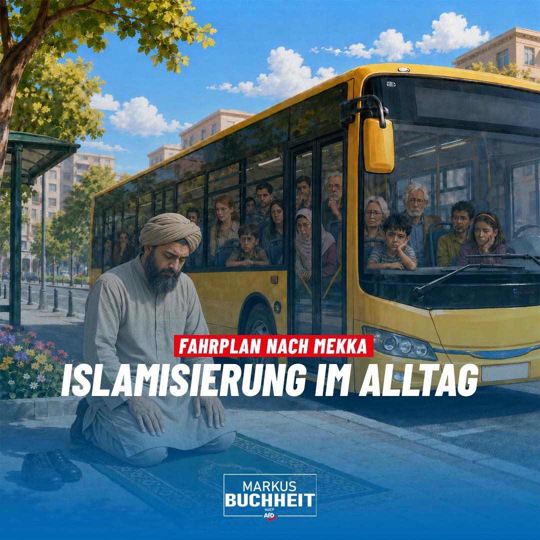 Haben Sie schon gewusst, dass in Deutschland eigentlich gar keine Islamisierung stattfindet?! Oder vielleicht schon so ein kleines bisschen? Zumindest in Ergoldingen bei Landshut: Ein Busfahrer hält mitten auf seiner Route an, parkt den voll besetzten Bus, rollt seinen Gebetsteppich aus - und betet. Die Fahrgäste warten.
Die Stadtwerke betonen das Recht auf Religionsfreiheit. Ob der Fahrer Konsequenzen zu erwarten hat ließen sie noch offen. Ich kann es Ihnen jetzt schon verraten: Wahrscheinlich nicht.
Und damit schreitet der gesellschaftliche Wandel schleichend voran. Aber hier jetzt von Islamisierung zu reden? Verschwörungstheorie! Sagt zumindest das ZDF 😉