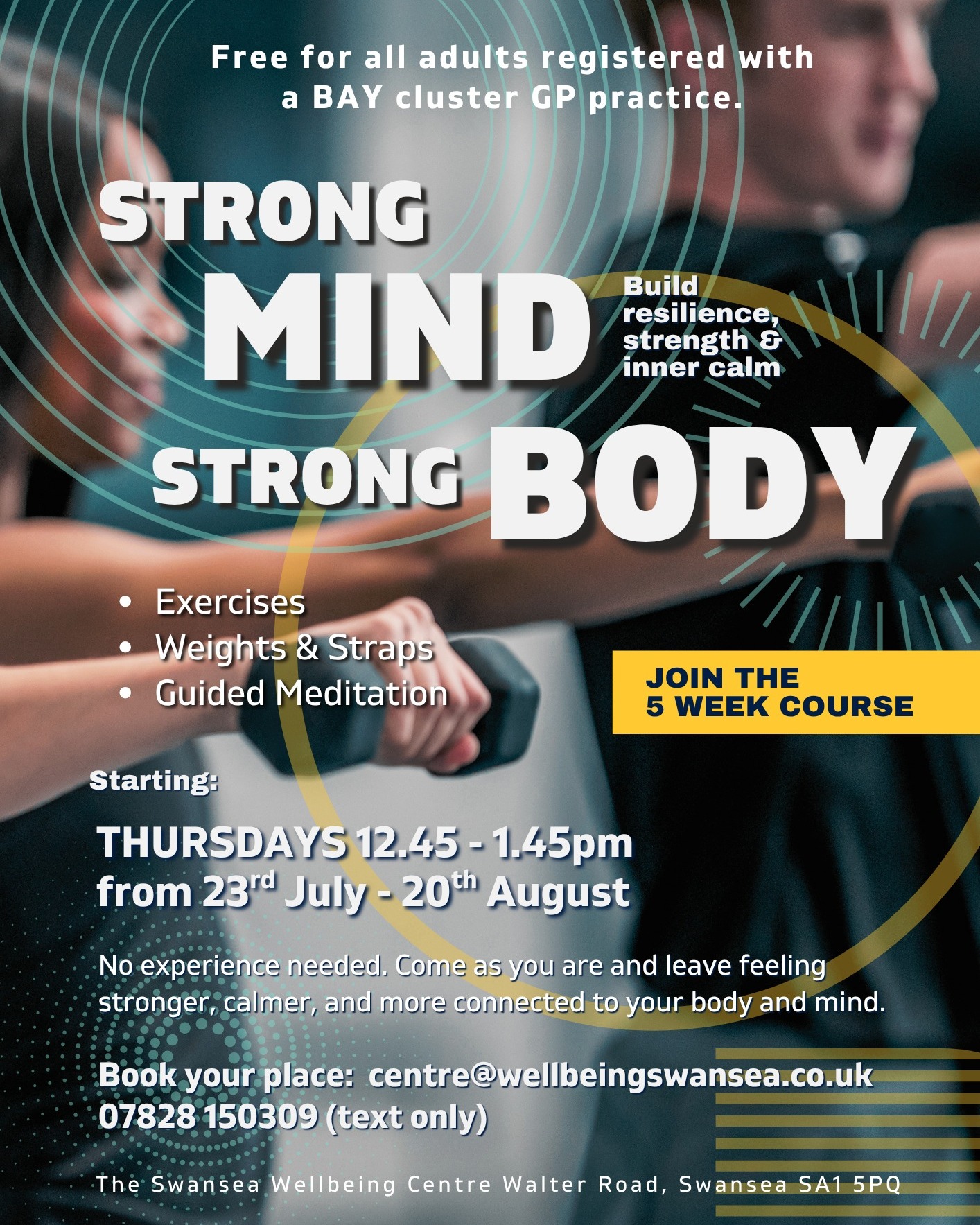 💪 Build Resilience, Strength & Inner Calm 💙
Join our FREE 5-week course designed to help you feel stronger, calmer, and more connected to your body and mind.
✨ What to expect:
💚 Accessible exercises to energise your body
💚 Weights & resistance straps to build strength safely
💚 Guided meditation, calming breathwork & mindfulness to reduce stress and improve wellbeing
No experience is needed—just come as you are!
📅 Upcoming courses:
🗓 THURSDAYS 12.45 - 1.45pm, from 23rd July - 20th August
Free for all adults registered with a Bay Health Cluster.
Book your place:
centre@wellbeingswansea.co.uk
07828 150309 (text only)
Spaces are limited, so book early to avoid disappointment!
#Swansea #Wellbeing #MentalHealth #Resilience #Strength #Mindfulness #Meditation #Breathwork #HealthyLifestyle #CityCluster #FreeCourse #CommunityWellbeing #ExerciseForWellbeing #SwanseaEvents
Bay Health Cluster
Gower Medical Centre and Pennard Surgery, Grove Medical Centre and Marina Medical Centre, Kings Road Surgery, Mumbles Medical Practice and Murton Surgery, Sketty and Killay Surgery, Uplands Surgery and Queens Road Surgery, University Health Centre and St Thomas and West Cross Surgery