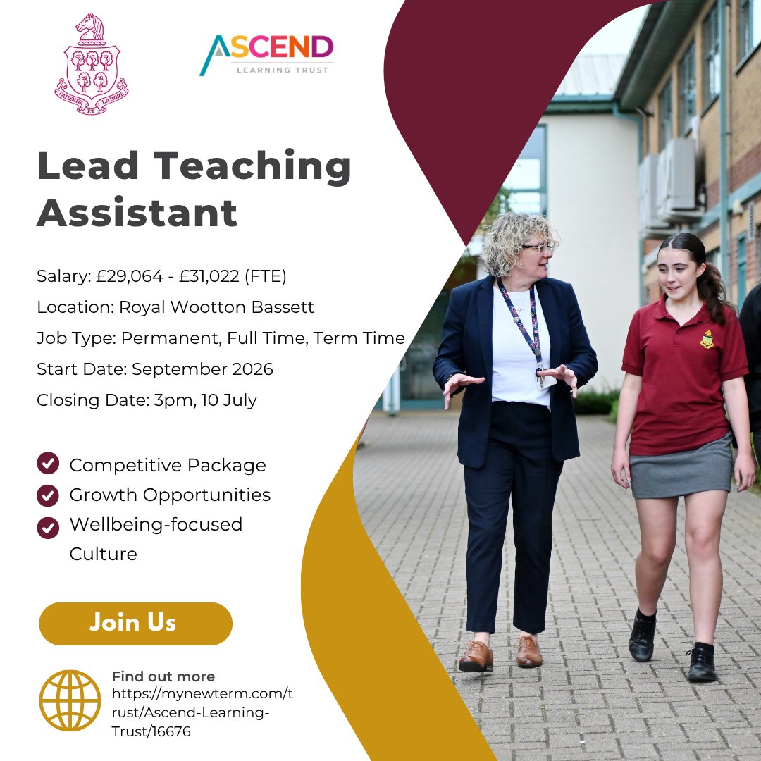 π’ We're Hiring: Lead Teaching Assistant β Foundational Skills π’
Royal Wootton Bassett Academy is looking for an enthusiastic and inspirational Lead Teaching Assistant to join our team from September 2026.
This exciting role involves leading foundational skills support across Key Stages 3 - 5, helping students develop literacy, numeracy, communication and study skills while working closely with our SEND and pastoral teams.
β
Permanent, Full-Time (37 hours)
β
Term Time Only (39 weeks)
β
Actual Salary: Β£24,998 - Β£26,683
As part of Ascend Learning Trust, you'll join a supportive, ambitious community committed to helping every young person belong, believe and become.
π
Closing Date: 3pm, Friday 10 July 2026
π
Interviews: Tuesday 14 July 2026
Find out more and apply through the recruitment pack on the mynewterm website.
#NowHiring #TeachingAssistant #EducationJobs #Schools #SEND #RoyalWoottonBassett #AscendLearningTrust #rwba