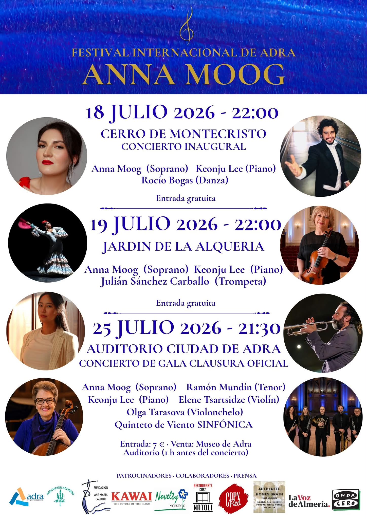 It’s finally happening! ❤️
In just two weeks, the 3rd Anna Moog International Festival will begin in Adra, Spain.
This year’s edition brings together talented artists from Spain, Germany, South Korea, Georgia and Brazil for three unique concerts celebrating classical music, jazz and dance.
I’m incredibly excited to share this year’s programme and look forward to an unforgettable festival.
📅 18, 19 & 25 July 2026
📍 Adra, Spain
Ayuntamiento de Adra