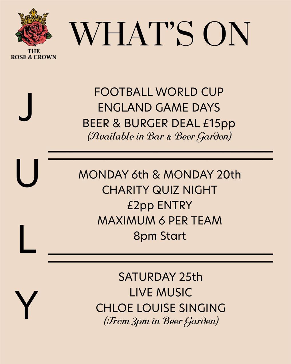 ⚽🍔 July is packed with great events at The Rose & Crown! 🍻🎶
Join us for England game days with our Beer & Burger Deal for just £15pp, test your knowledge at our Charity Quiz Nights, and round off the month with live music from Chloe Louise in the Beer Garden!
Who’s joining us? 🍺👇
#TheRoseAndCrown #WhatsOn #JulyEvents #Football #England #BeerAndBurger #QuizNight #CharityQuiz #LiveMusic #BeerGarden #SupportLocal #PubLife #WeekendVibes #FoodAndDrink #GoodTimes