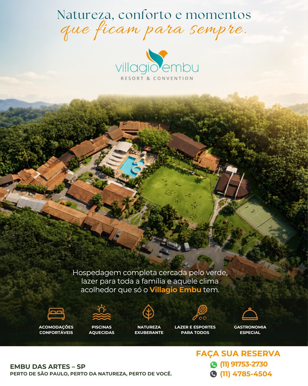 Um refúgio completo a poucos minutos da capital paulista.
Imagine acordar cercado pela natureza, respirar ar puro, relaxar à beira da piscina, aproveitar uma deliciosa gastronomia e viver momentos especiais com quem você ama. No Villagio Embu, tudo isso faz parte da experiência.
Com ampla área verde, estrutura de lazer para toda a família, quadras esportivas, piscinas, espaços para eventos e muito conforto, o Villagio Embu é o destino ideal para finais de semana, feriados e férias inesquecíveis.
📍 Em Embu das Artes, pertinho de São Paulo.
✨ Natureza, lazer e tranquilidade em um só lugar.
Ainda dá tempo de fazer sua reserva!
📲 Entre em contato e garanta sua hospedagem.
#VillagioEmbu #EmbuDasArtes #HotelFazenda #TurismoSP #ViagemEmFamilia #Férias #Natureza #Descanso #LazerCompleto #HospedagemSP #PertoDeSãoPaulo #ViagemPerfeita