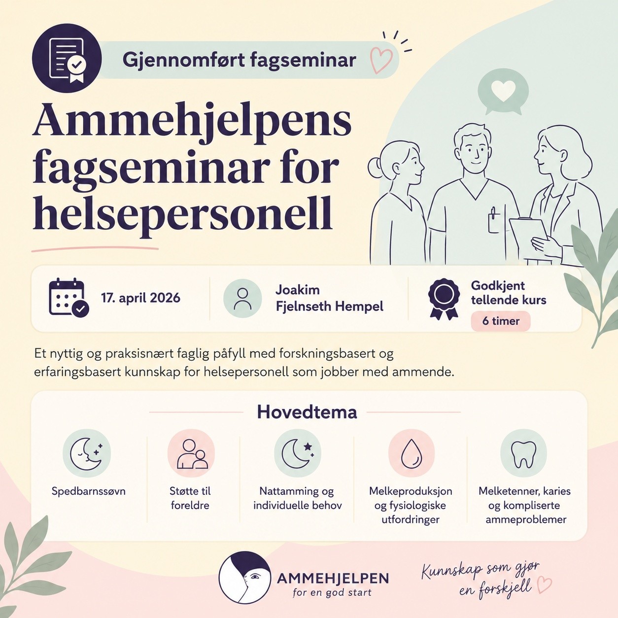 Faglig utvikling stopper aldri. 📚
Nylig deltatt på Ammehjelpens fagseminar for helsepersonell – en dag med oppdatert, forskningsbasert og praksisnær kunnskap om amming, spedbarnssøvn og utfordringer som mange familier møter.
Takk til Ammehjelpen og alle foredragsholderne for et svært lærerikt seminar. Kunnskap er til for å deles – og for å komme pasientene til gode. 🙌💙
