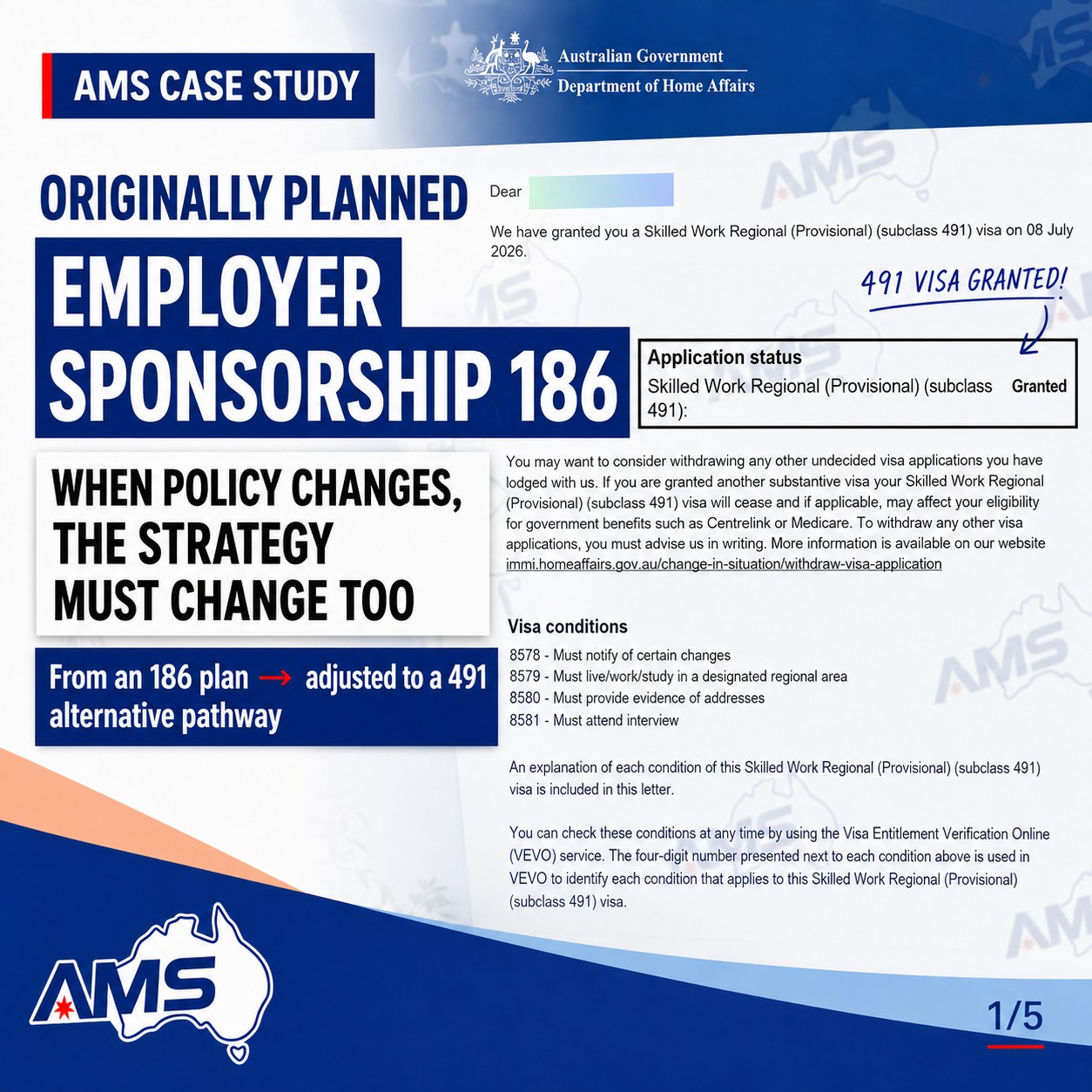 🎉From an unexpected policy change to a successful 491 visa grant🎉
Our client originally planned to apply for an employer-sponsored 186 visa. However, at a critical point, policy changes meant her occupation was no longer available under the new occupation list.
Instead of forcing the original plan, we reassessed her circumstances, reviewed the employer’s situation, arranged a new skills assessment, and identified a more suitable alternative pathway: the “491 Skilled Work Regional (Provisional) visa”.
Near the final stage, the applicant’s husband was asked to complete another medical examination due to a shadow detected on his lungs. After the further medical was completed, the application was successfully granted.
This case is a reminder that migration pathways can change quickly, but with the right strategy, timely action, and professional guidance, challenges can still become opportunities.
Congratulations to our client and her family on the “491 visa grant”.
#AustraliaMigration #491Visa #VisaGranted #SkilledMigration #AustralianVisa #MigrationAustralia #AMSCaseStudy #RegionalVisa #EmployerSponsorship #MigrationPathway #AustraliaPRPathway #VisaSuccess #AustralianMigration #MigrationAgentAustralia #StudyWorkLiveAustralia
