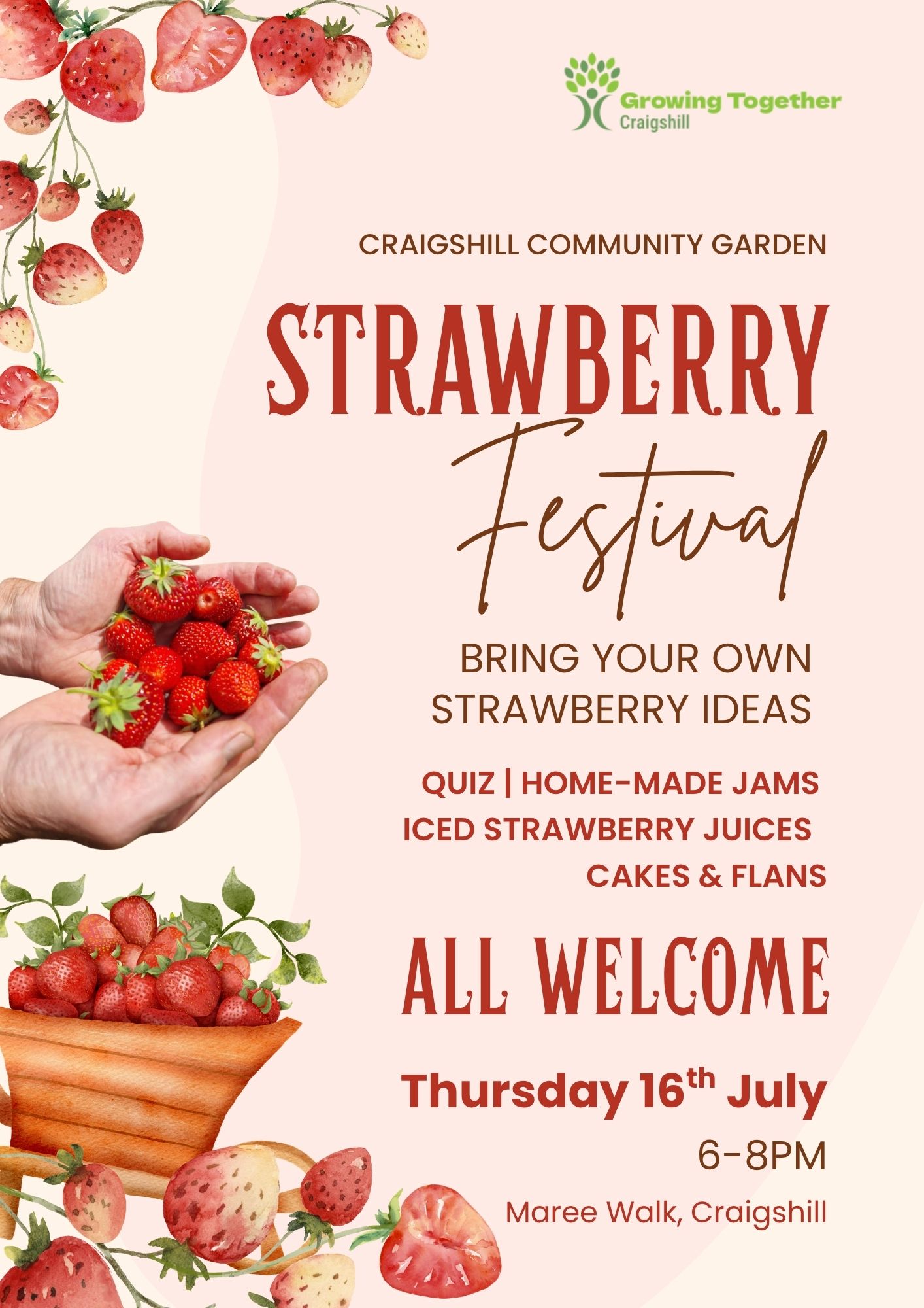 Some days call for Strawberries, next Thursday is that day! 🍓
Join us for a berry good time at the Craigshill Strawberry Festival, it'll be jam packed with good vibes and a berry good time! 🧺
Thursday 16th July 6pm-8pm at the Community Garden (Maree Walk, Livingston EH54 5BP)
Spark Almond Housing Association West Lothian Yap