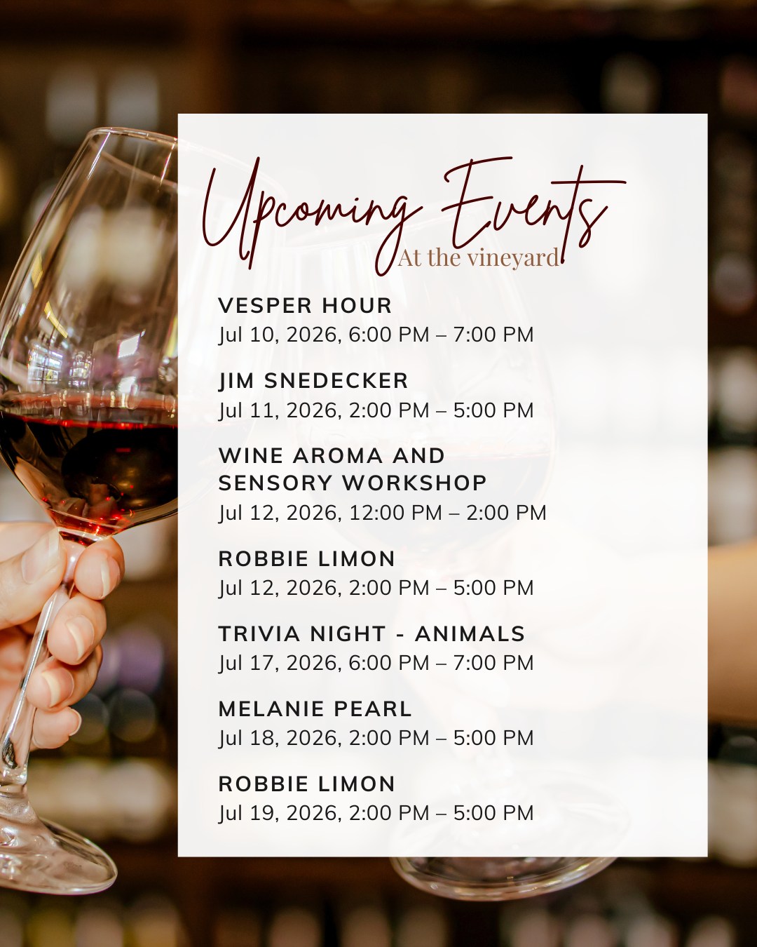 There's always something happening at Briedé Family Vineyards.
From live music to our Wine Aroma & Sensory Workshop, July is full of opportunities to relax, explore new wines, and spend time with friends and family.
Take a look at what's coming up and start planning your next visit. We can't wait to welcome you.
#BriedeFamilyVineyards #WinchesterVA #VirginiaWine #DrinkLocal #VisitWinchesterVA #LiveMusic #TriviaNight #WineLovers #WineryEvents #SupportLocal
