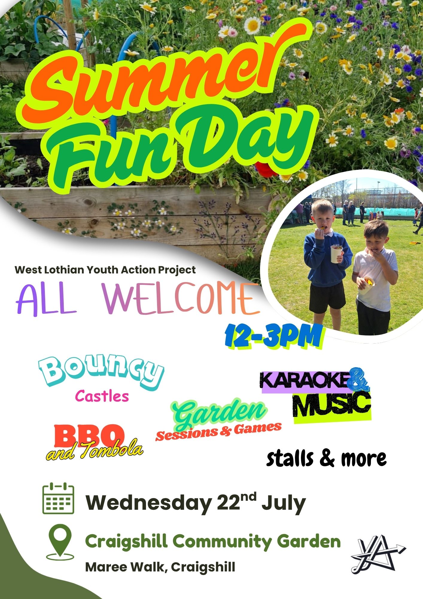 SUMMER FUN DAY, ALL WELCOME ☀️
Wednesday 22nd July 12pm-3pm at the Craigshill Community Garden 🍦
Join us for a range of different activities and fun from Karaoke & Music to Garden Sessions & Games there is something for everyone 😎