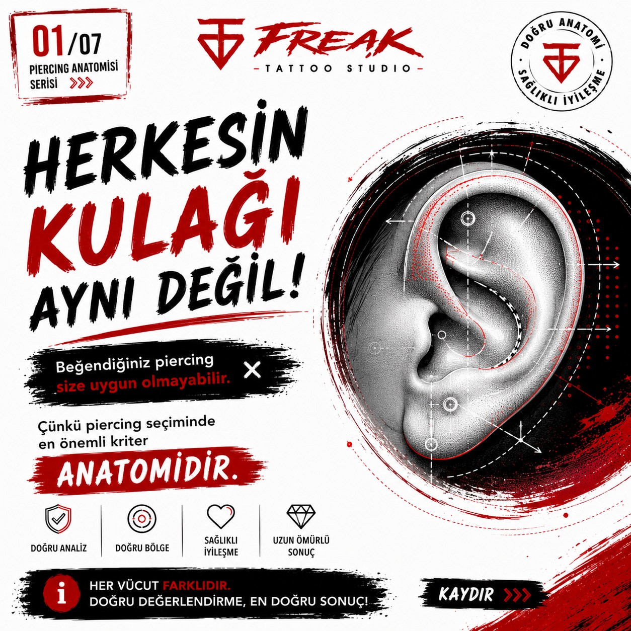 İnternette gördüğünüz bir piercing modeli size de çok yakışabilir... ama anatominiz uygun olmayabilir.
Profesyonel piercing uygulamalarında en önemli kriter sadece estetik değil, anatomik uygunluktur.
Kıkırdak yapınız, doku kalınlığınız, kulak kıvrımlarınız ve takının yerleşeceği açı; hem görünümü hem de iyileşme sürecini doğrudan etkiler.
Bu yüzden iyi bir piercer yalnızca uygulama yapmaz; önce anatominizi değerlendirir ve sizin için en doğru piercing seçeneğini belirler.
Bu seride şunları öğreneceksiniz:
✔️ Piercing anatomisi nedir?
✔️ Industrial neden herkese yapılamaz?
✔️ Rook, Daith ve Snug piercinglerinde anatomi neden önemlidir?
✔️ Göbek piercinginde anatomi nasıl değerlendirilir?
✔️ Uygun olmayan anatomide hangi sorunlar yaşanabilir?
✔️ Doğru analiz neden sağlıklı iyileşmenin ilk adımıdır?
👉 Kaydırarak serinin devamına göz atın ve piercing seçiminizi yalnızca beğendiğiniz modele göre değil, anatominize göre yapın.
📍 Freak Tattoo & Piercing
Beşiktaş'ta profesyonel piercing uygulamaları, premium titanyum takılar ve kişiye özel anatomi değerlendirmesi ile hizmet veriyoruz.
💬 Aklınızdaki piercing hangisi? Yorumlara yazın, anatomisi hakkında bilgi verelim.
#PiercingAnatomisi #Piercing #istanbulpiercing #beşiktaşpiercing