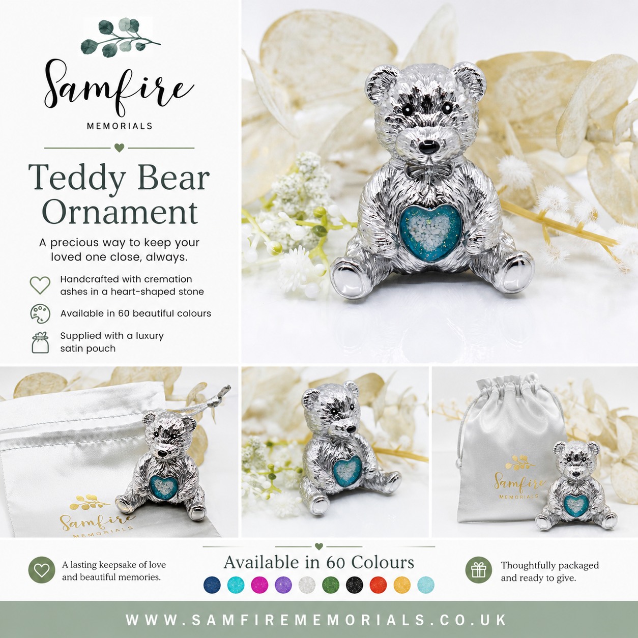 🤍 New Product Launch – Teddy Bear Memorial Ornament 🤍
I'm delighted to introduce one of the newest additions to the SamFire Memorials collection...
🧸 Teddy Bear Ornament with Cremation Ashes
This beautiful keepsake features your loved one's cremation ashes carefully set into a heart-shaped stone, creating a lasting reminder that they are always close.
✨ Available in 60 beautiful colours
✨ Suitable for displaying at home or gifting to someone special
✨ Supplied in a luxury SamFire Memorials satin pouch
✨ Individually handmade with care and compassion
Every memorial ornament is lovingly handcrafted by me in Ironbridge, Shropshire, treating every order with the respect and care it deserves.
If you're looking for memorial jewellery, cremation ashes keepsakes, ashes memorial ornaments, or a thoughtful remembrance gift, I'd be honoured to help create something truly personal.
You can view the new Teddy Bear Ornament, along with over 200 handcrafted memorial jewellery and keepsake designs, on my website:
🌿 www.samfirememorials.co.uk
#SamFireMemorials #MemorialJewellery #CremationAshes #AshesKeepsake #MemorialKeepsake #RemembranceGift #BereavementGift #MemorialOrnament #HandmadeUK #SmallBusinessUK #Ironbridge #Shropshire #Keepsake #InMemory #GriefSupport #MemorialGifts