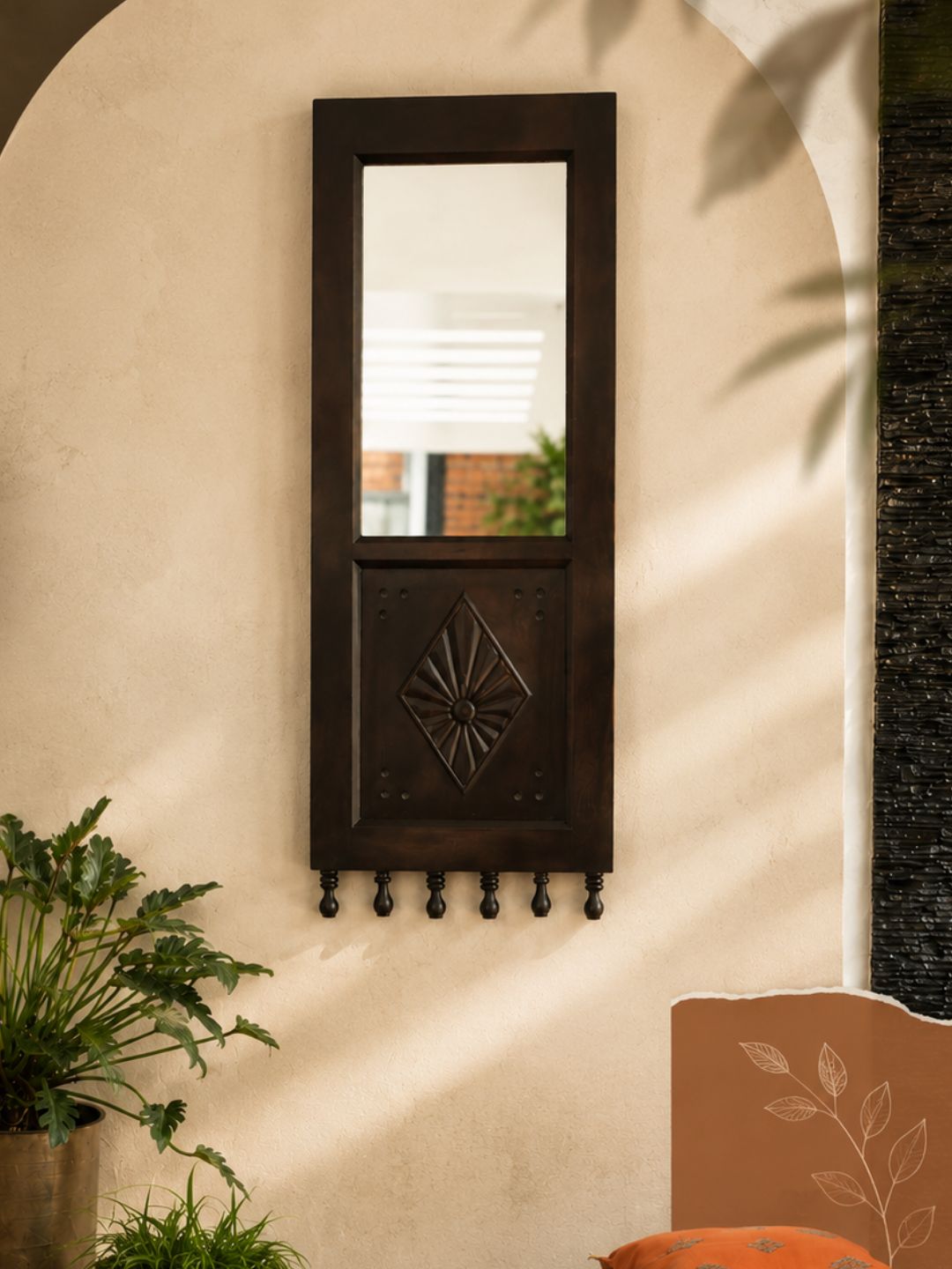 Another pretty wooden mirror for wall decor!
This mirror is reclaimed from an old teak wood window,we have added handcarved details and wood turning elements to make it stand out in your space.
Dimensions of the mirror: 37 x 15 inches
DM us or whatsapp us at 9778758496 to know more details.
( Wall decor,wall hanging, wooden mirror, antique mirror, vintage decor, reclaimed wooden wall hanging, Kerala home decor, interior designing, home styling, verandah Kerala style, apartment styling)
#Decoredits #homedecorideas #decor #yourhome #Decor