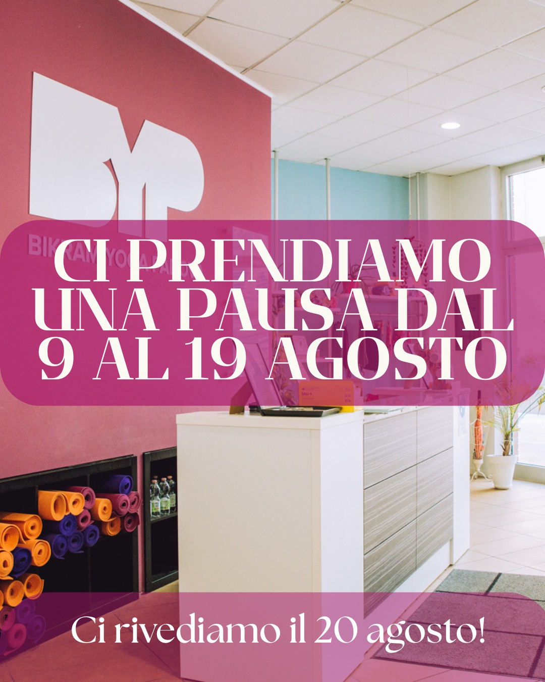 Lo studio rimarrà chiuso dal 9 al 19 agosto.
Ci prendiamo una piccola pausa per ricaricare le batterie! 🔋✨
Le attività riprenderanno regolarmente martedì 20 agosto.
Buone vacanze e buon relax a tutti voi! 🌊☀️
#BikramYogaPeople #YogaInsieme #Bikram #YogaLife #EnergiaCondivisa #Padova #HotYoga #BikramYoga #YogaEstate #CorpoMenteSpirito #YogaRoutine