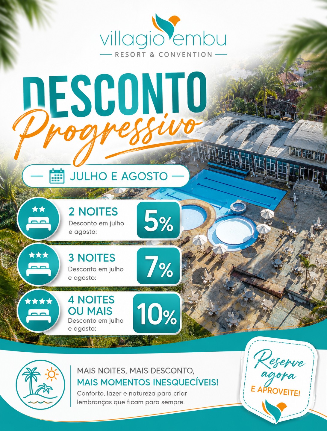Fique mais tempo. Economize mais. Aproveite muito mais.
Nos meses de Julho eAgosto, quanto mais dias você se hospeda no Villagio Embu, maior é o seu desconto!
✔️ 2 noites: 5% OFF
✔️ 3 noites: 7% OFF
✔️ 4 noites ou mais: 10% OFF
Aproveite para desacelerar, curtir nossa estrutura completa, contato com a natureza, gastronomia e momentos especiais ao lado de quem você ama.
📅 Promoção válida para hospedagens nos meses de julho e agosto, mediante disponibilidade.
As melhores datas costumam esgotar rapidamente. Faça sua reserva e garanta seu desconto.
WhatsApp- (11) 91753-2730
#VillagioEmbu #DescontoProgressivo #Resort #Hospedagem #Férias #Inverno #EmbuDasArtes #ReserveAgora #Viagem #Natureza