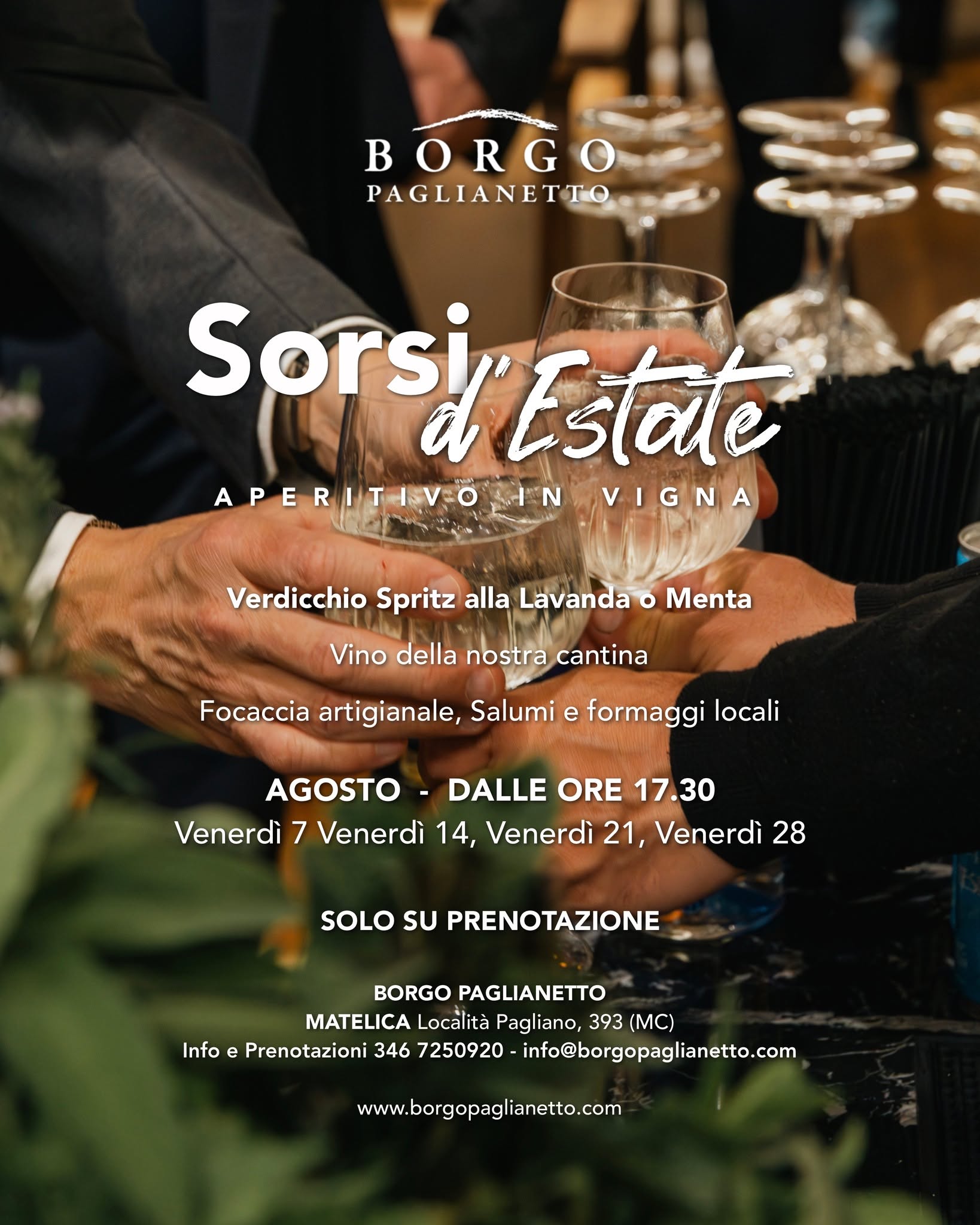 SORSI D'ESTATE 🍷 Aperitivo in vigna 🌄
Pensavate che ci saremmo fermati a luglio? Assolutamente no! ✨
L'estate continua e anche ad agosto vi aspettiamo per brindare insieme tra i filari, con un calice in mano, il tramonto che accende la vigna e il gusto autentico delle cose fatte con calma. 🍇
📍 Cantina Borgo Paglianetto
🕠 Dalle ore 17.30
📅 TUTTI I VENERDÌ DI AGOSTO 2026
Venerdì 7 • 14 • 21 • 28
🌅 Dalle 17.30 lasciati cullare dalla slow life:
🥂 I vini della nostra cantina oppure Spritz di Verdicchio alla lavanda e alla menta
🧀 Salumi e formaggi del territorio (opzione vegetariana disponibile su richiesta al momento della prenotazione)
🍞 Focaccia artigianale
🌿 Il silenzio della vigna e il cielo che cambia colore
📲 Solo su prenotazione – i posti sono limitati.
📞 346 7250920
💬 WhatsApp
📧 info@borgopaglianetto.com
______
SUMMER SIPS 🍷 Vineyard Aperitivo 🌄
Did you think we'd stop after July? Think again! ✨
Summer is still in full swing, and we're delighted to welcome you every Friday in August for a relaxing evening among the vines, with a glass of wine, breathtaking sunsets, and the authentic pleasure of slowing down. 🍇
📍 Borgo Paglianetto Winery
🕠 From 5:30 PM
📅 EVERY FRIDAY IN AUGUST 2026
August 7 • 14 • 21 • 28
🌅 From 5:30 PM, embrace the slow life:
🥂 A selection of our wines or our signature Verdicchio Spritz with lavender and mint
🧀 Local cured meats and cheeses (vegetarian option available upon request when booking)
🍞 Artisan focaccia
🌿 Peaceful vineyard views and unforgettable sunsets
📲 Advance booking is required – places are limited.
📞 +39 346 7250920
💬 WhatsApp
📧 info@borgopaglianetto.com
#SorsiDEstate #CantinaBorgoPaglianetto #AperitivoInVigna #Verdicchio #Estate2026 #Marche #WineExperience #SunsetVibes #SlowLife